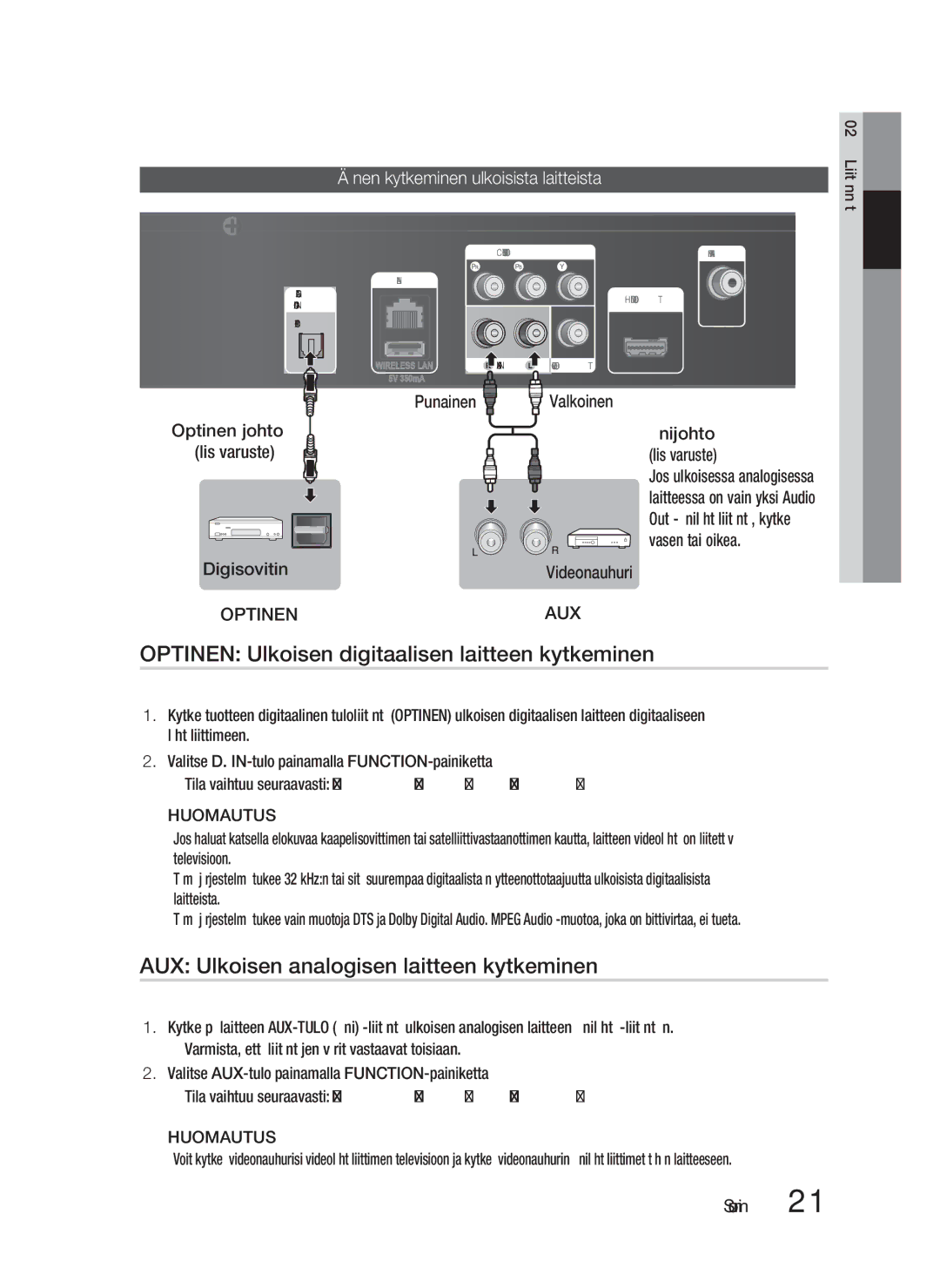 Samsung HT-D4200/XE manual Optinen Ulkoisen digitaalisen laitteen kytkeminen, AUX Ulkoisen analogisen laitteen kytkeminen 