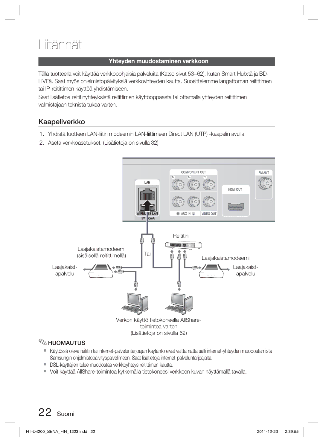 Samsung HT-D4200/XE manual Yhteyden muudostaminen verkkoon, Laajakaistamodeemi Tai Sisäisellä reitittimellä Apalvelu 