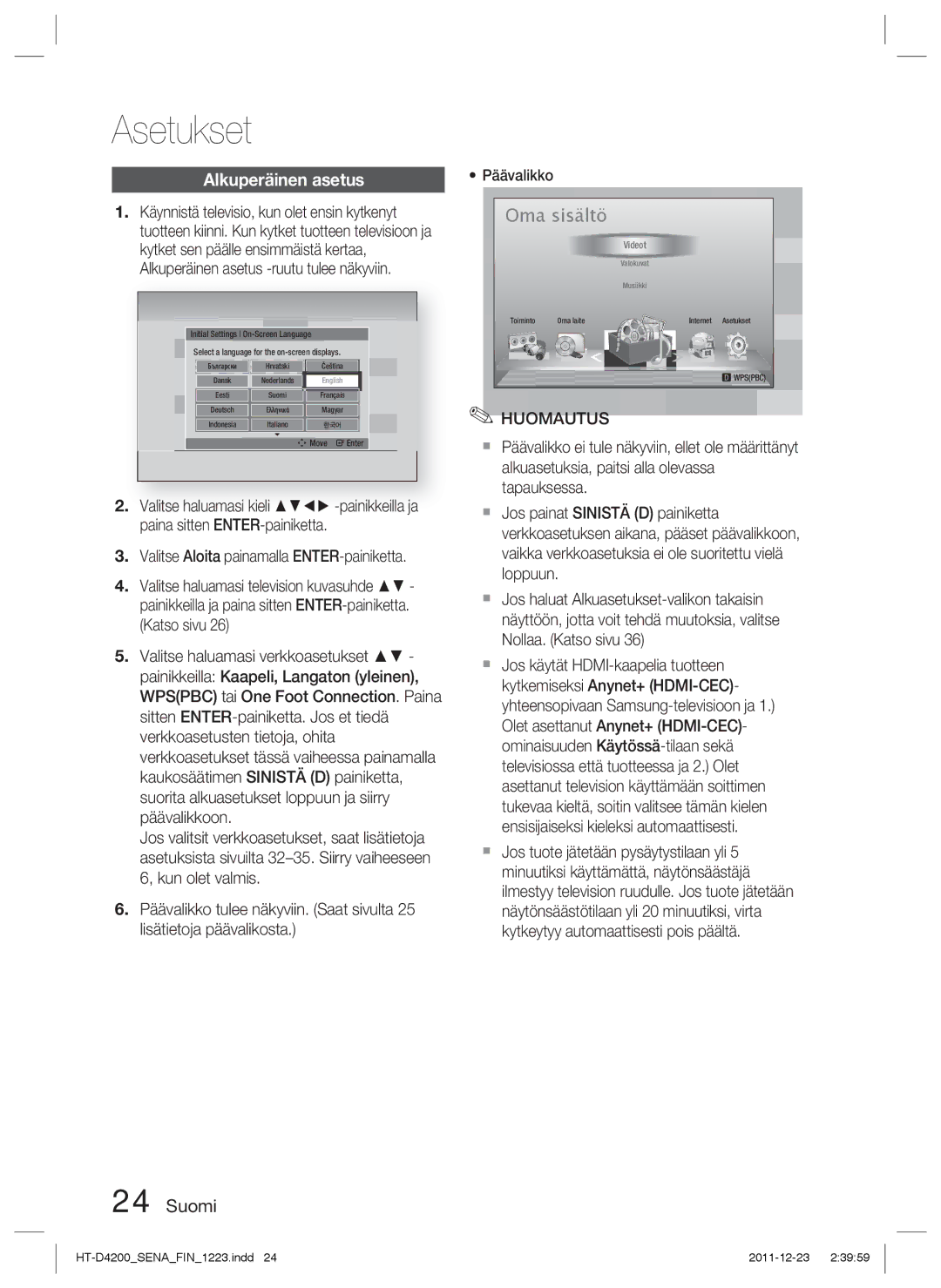 Samsung HT-D4200/XE manual Asetukset, Alkuperäinen asetus 