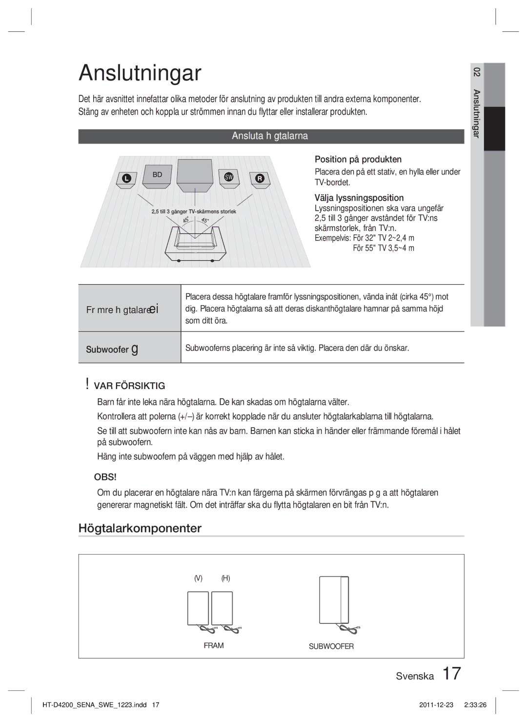 Samsung HT-D4200/XE manual Anslutningar, Högtalarkomponenter, Ansluta högtalarna 