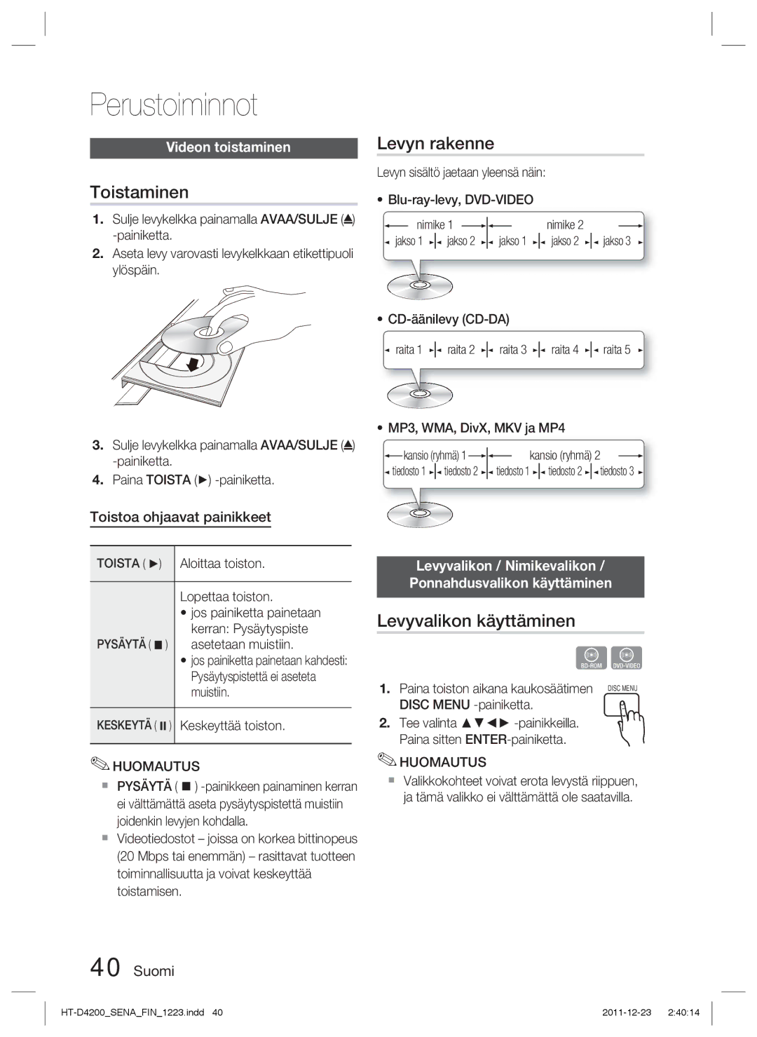 Samsung HT-D4200/XE manual Perustoiminnot, Toistaminen, Levyn rakenne, Levyvalikon käyttäminen 