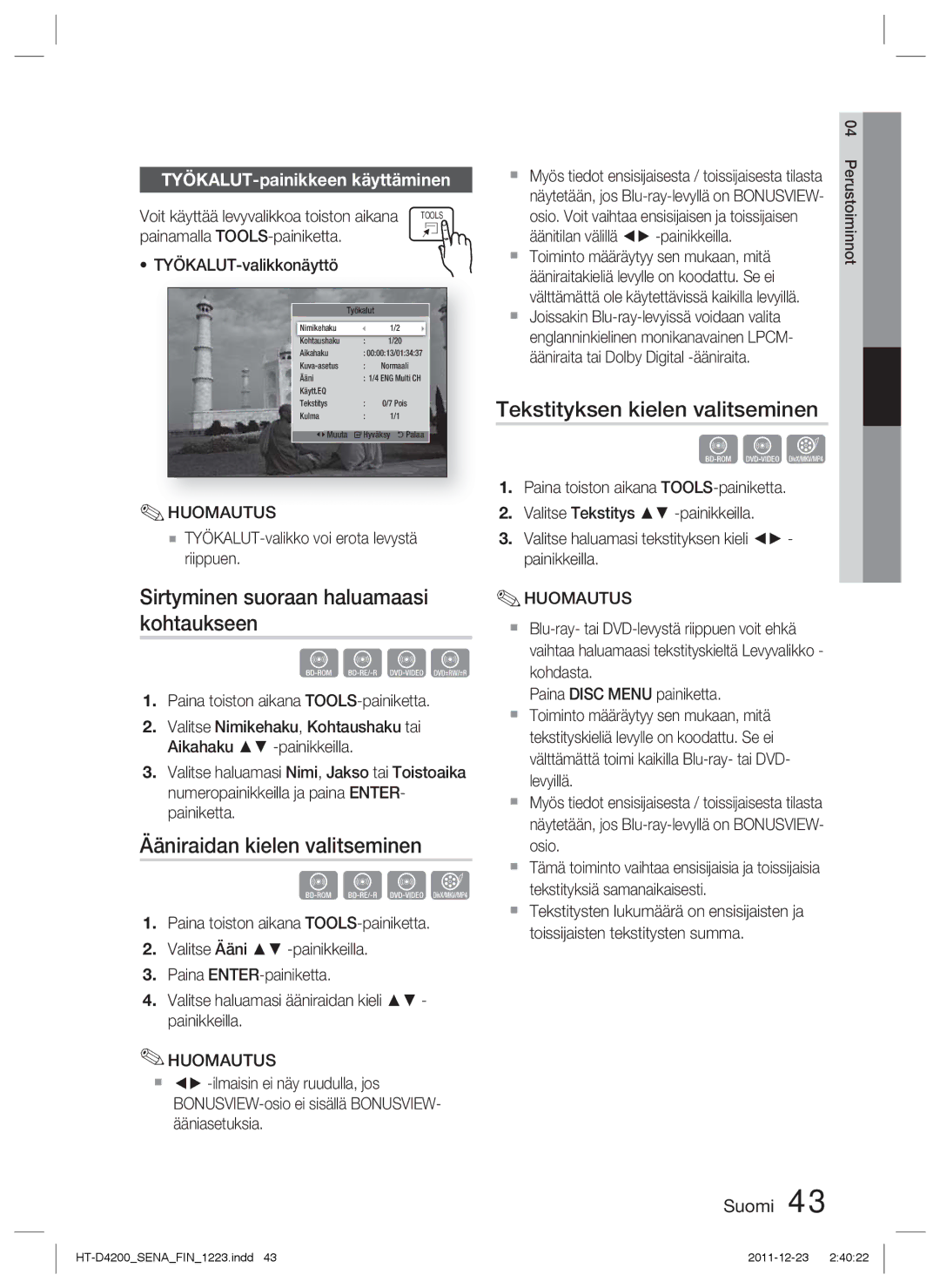 Samsung HT-D4200/XE manual Sirtyminen suoraan haluamaasi kohtaukseen, Ääniraidan kielen valitseminen 