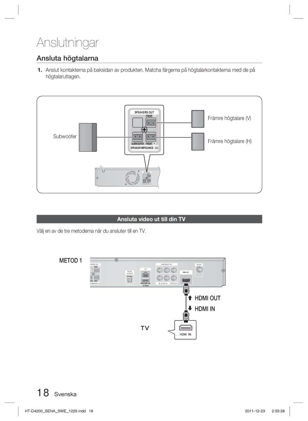 Samsung HT-D4200/XE manual Ansluta högtalarna, Ansluta video ut till din TV, Subwoofer, Främre högtalare Främre högtalare H 