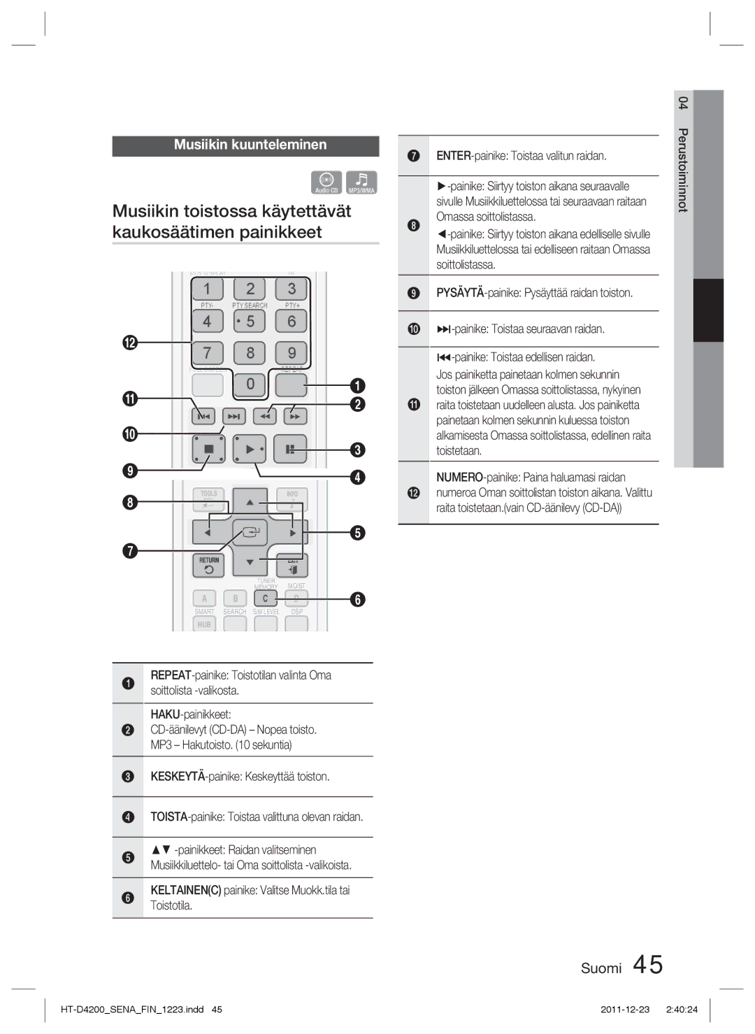 Samsung HT-D4200/XE manual Musiikin toistossa käytettävät kaukosäätimen painikkeet, Musiikin kuunteleminen 