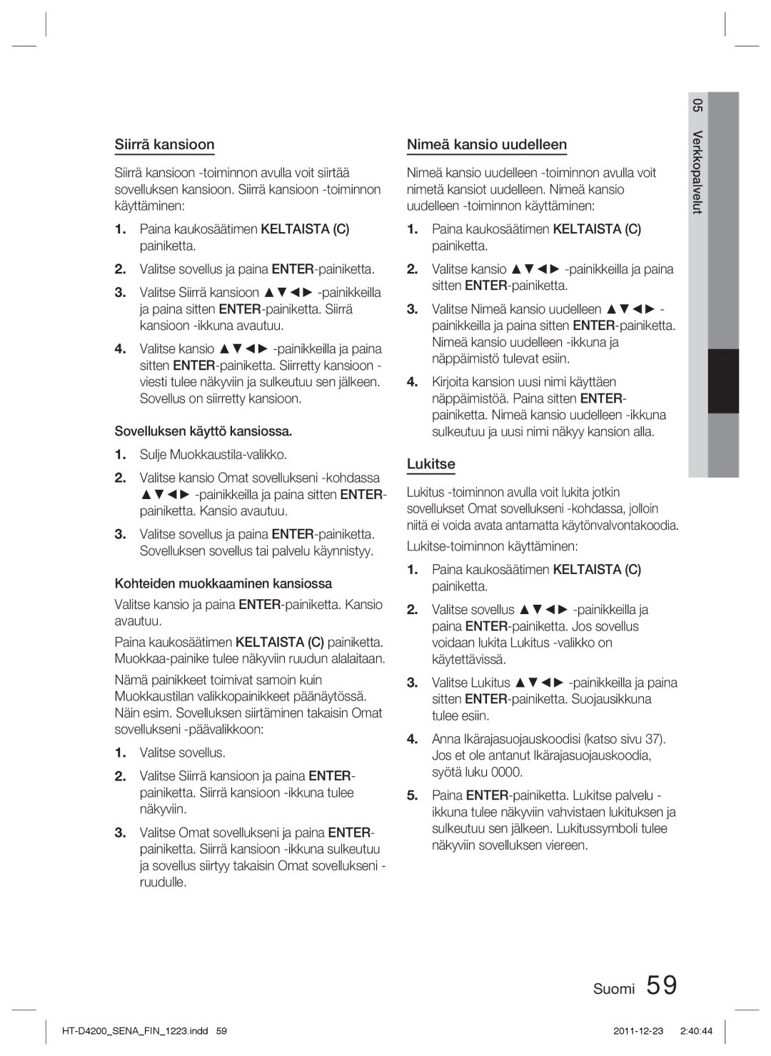 Samsung HT-D4200/XE manual Siirrä kansioon, Nimeä kansio uudelleen, Lukitse 