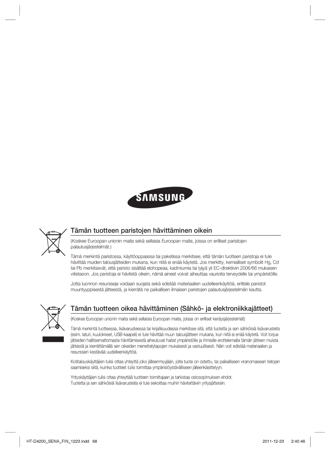 Samsung HT-D4200/XE manual Tämän tuotteen paristojen hävittäminen oikein 