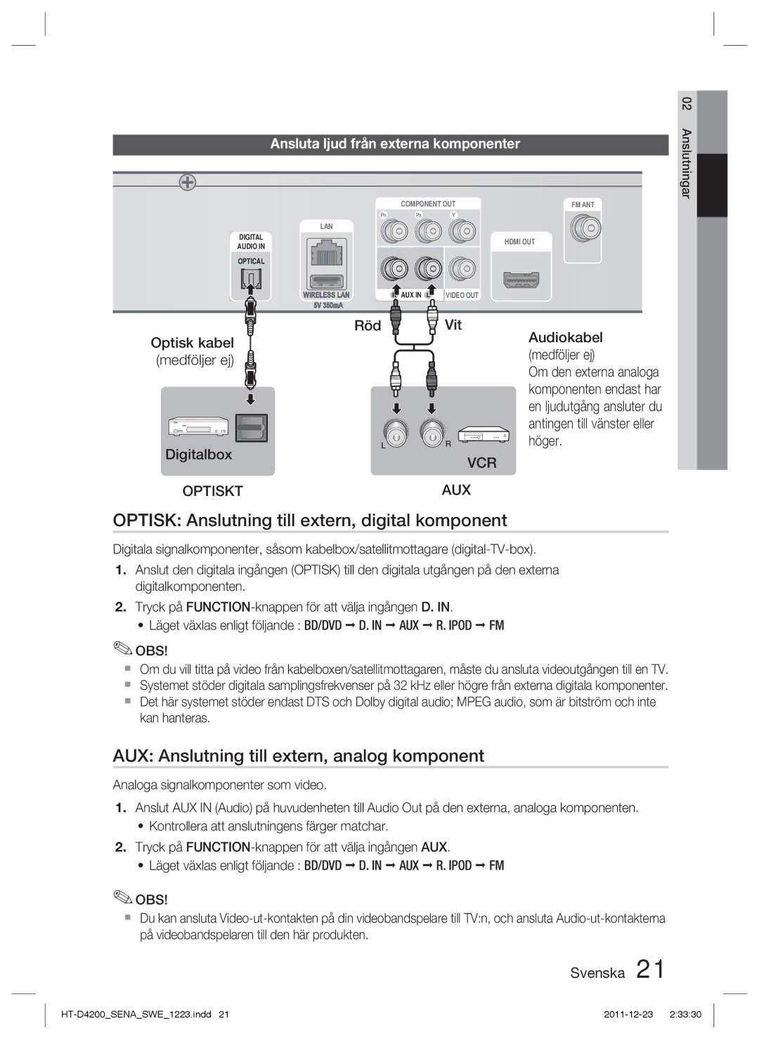 Samsung HT-D4200/XE manual Optisk Anslutning till extern, digital komponent, AUX Anslutning till extern, analog komponent 