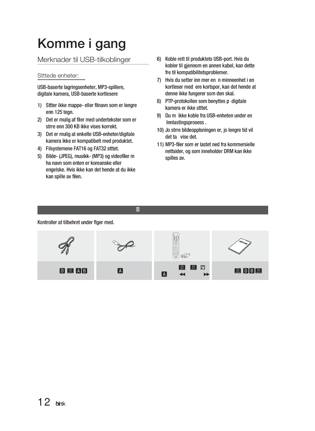 Samsung HT-D4200/XE manual Merknader til USB-tilkoblinger, Støttede enheter, Tilleggsutstyr 