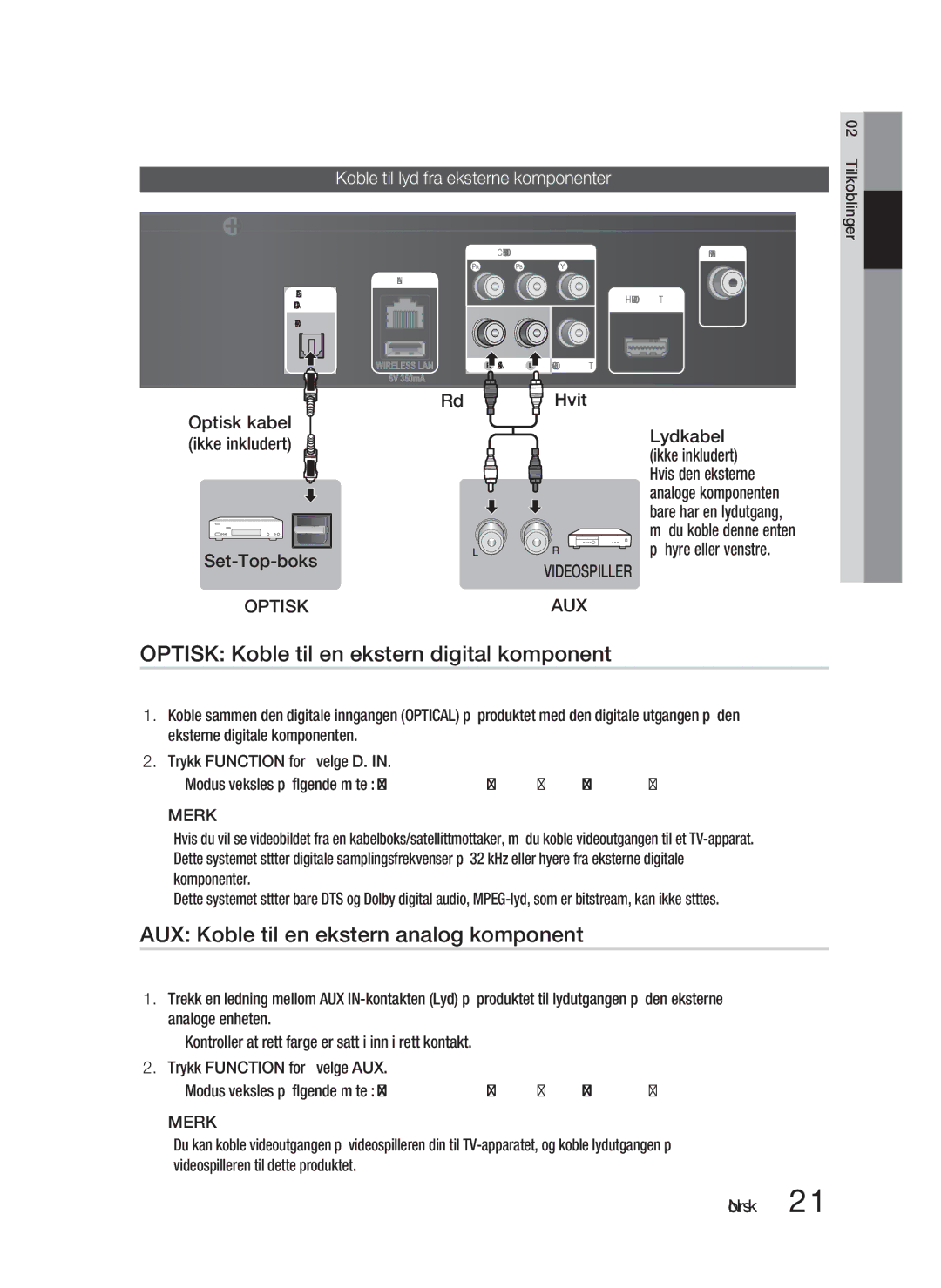 Samsung HT-D4200/XE manual Optisk Koble til en ekstern digital komponent, AUX Koble til en ekstern analog komponent, Rød 