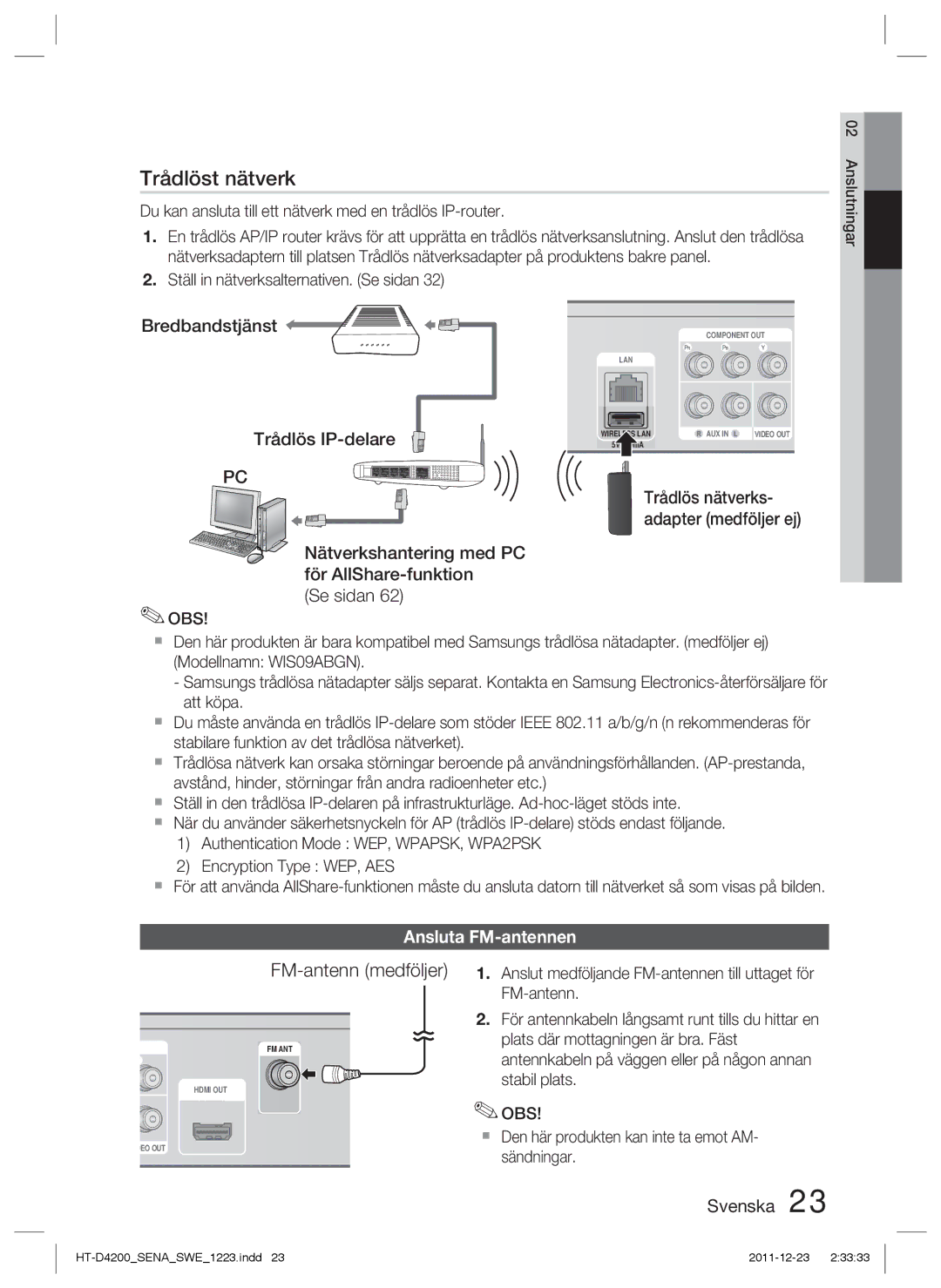 Samsung HT-D4200/XE manual FM-antenn medföljer, Bredbandstjänst Trådlös IP-delare, Ansluta FM-antennen, Obs 