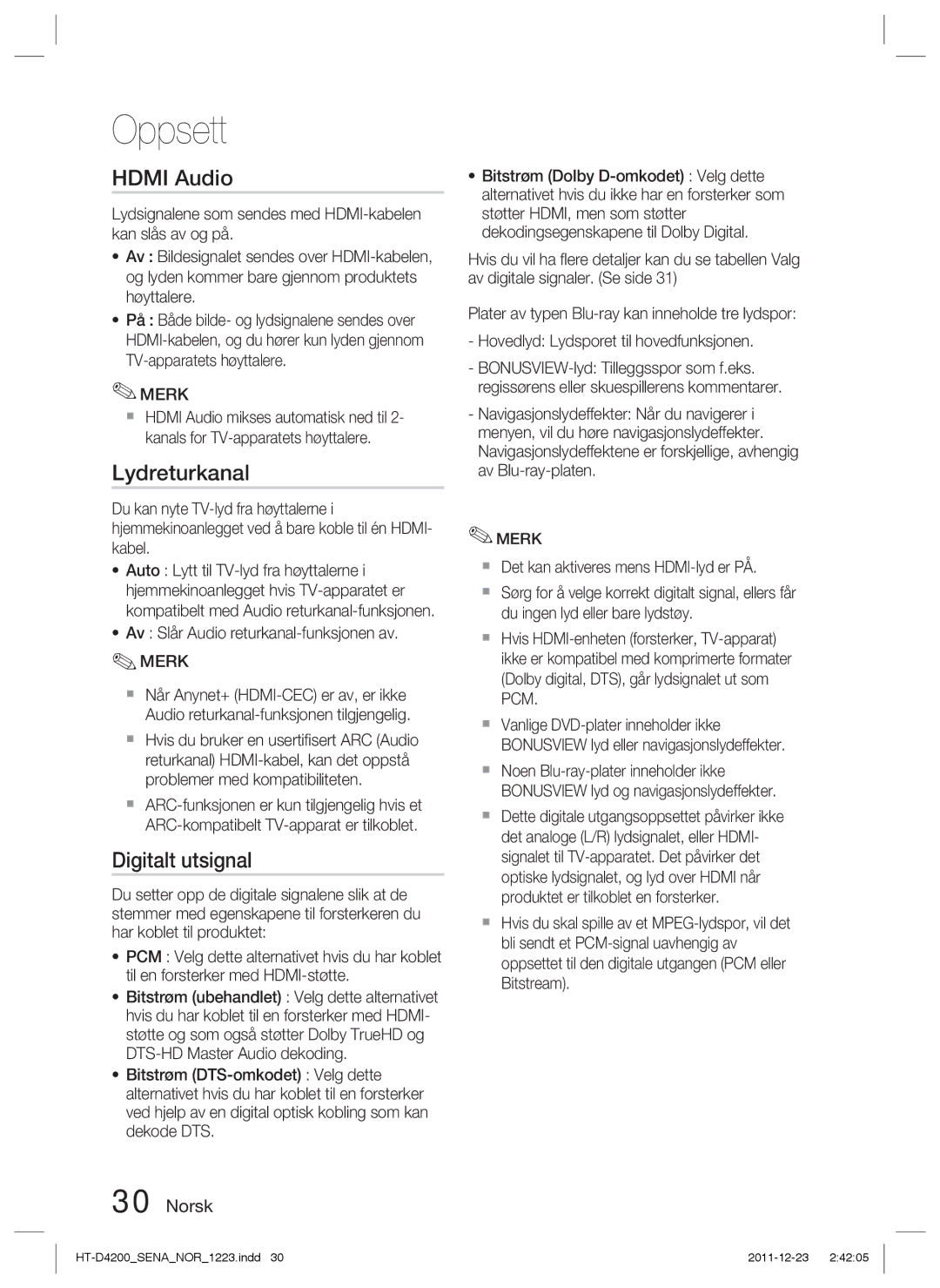 Samsung HT-D4200/XE manual Digitalt utsignal, Av Slår Audio returkanal-funksjonen av 