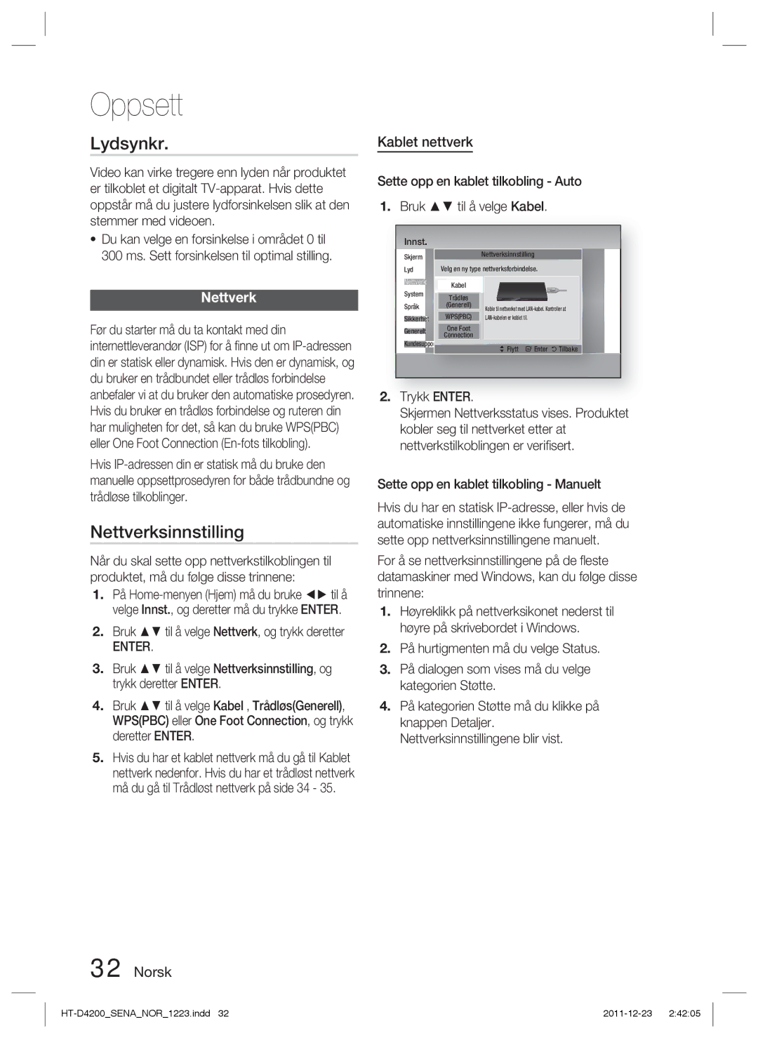 Samsung HT-D4200/XE manual Lydsynkr, Nettverksinnstilling, Kablet nettverk 