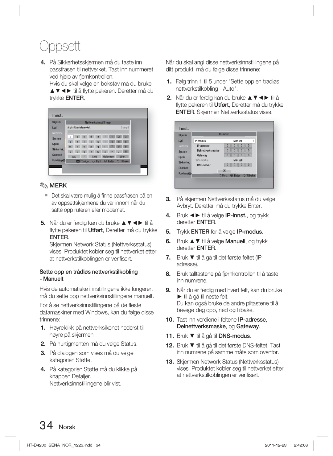 Samsung HT-D4200/XE manual Merk, Sette opp en trådløs nettverkstilkobling Manuelt 