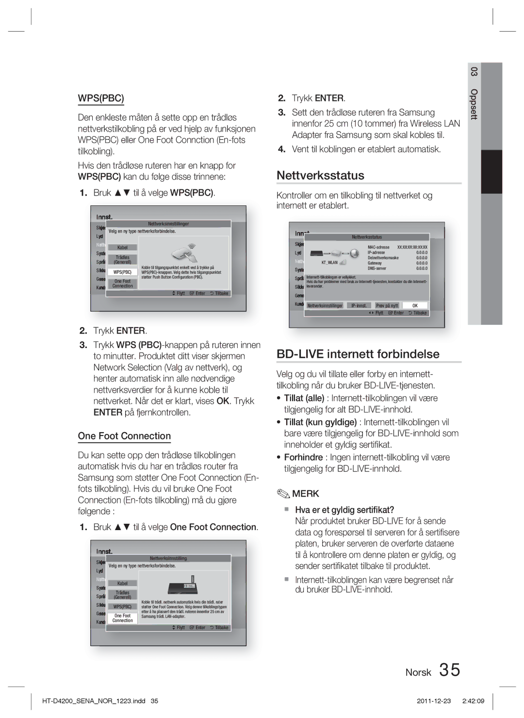 Samsung HT-D4200/XE manual Nettverksstatus, BD-LIVE internett forbindelse 