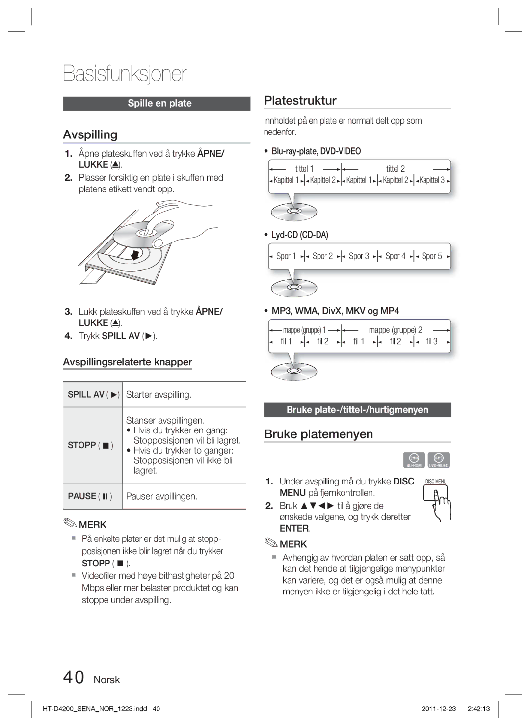 Samsung HT-D4200/XE manual Basisfunksjoner, Avspilling, Platestruktur, Bruke platemenyen 