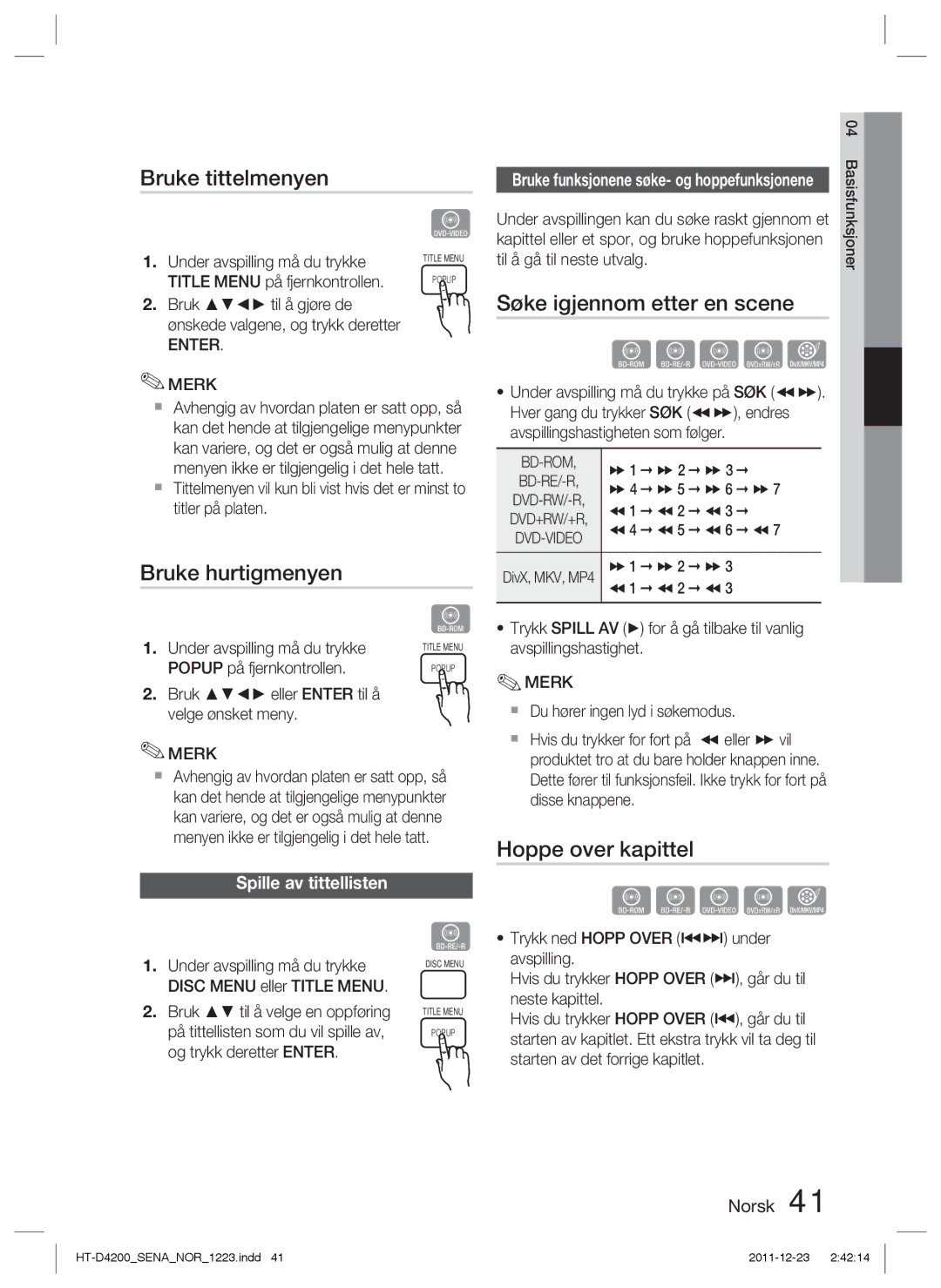 Samsung HT-D4200/XE manual Bruke tittelmenyen, Bruke hurtigmenyen, Spille av tittellisten 