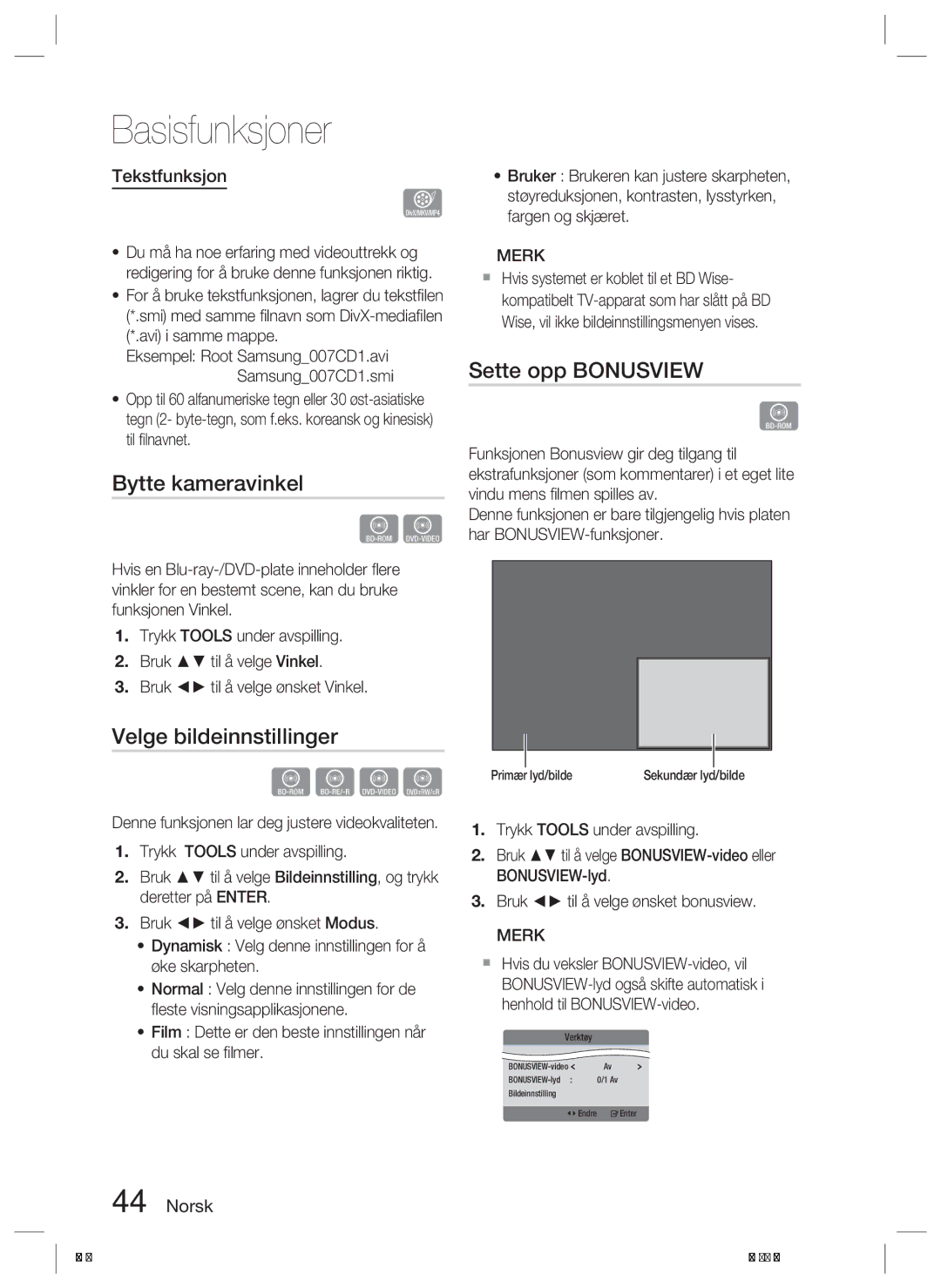 Samsung HT-D4200/XE Bytte kameravinkel, Velge bildeinnstillinger, Sette opp Bonusview, Tekstfunksjon, Fargen og skjæret 