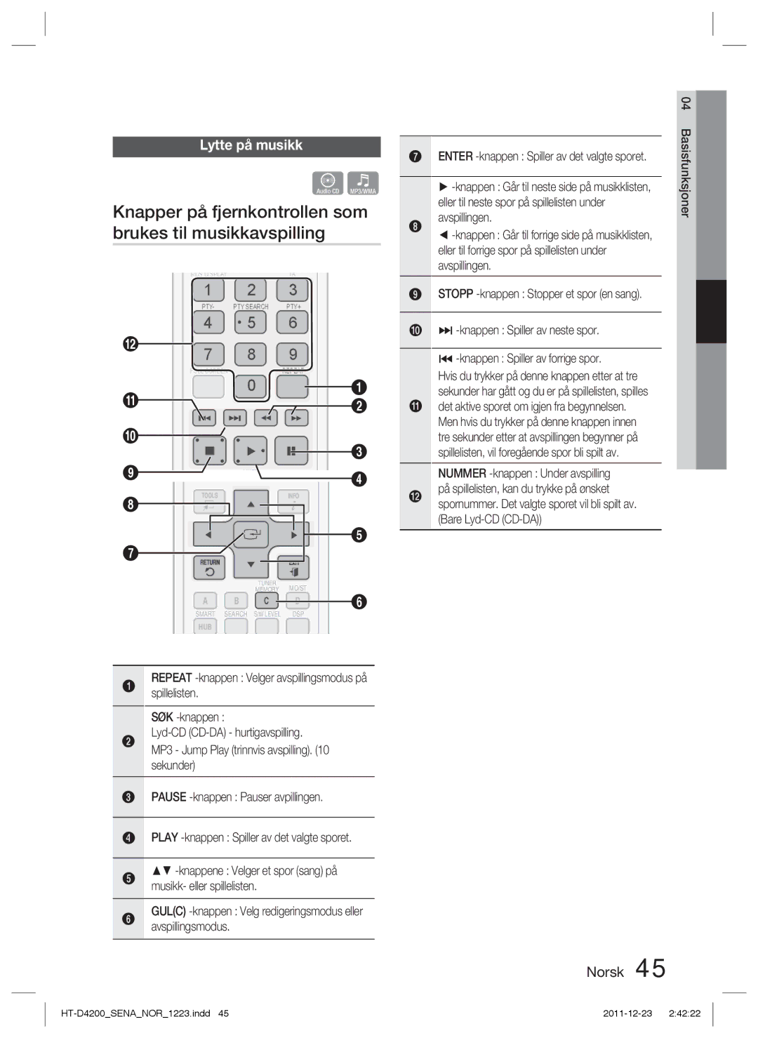 Samsung HT-D4200/XE manual Knapper på fjernkontrollen som brukes til musikkavspilling, Lytte på musikk 