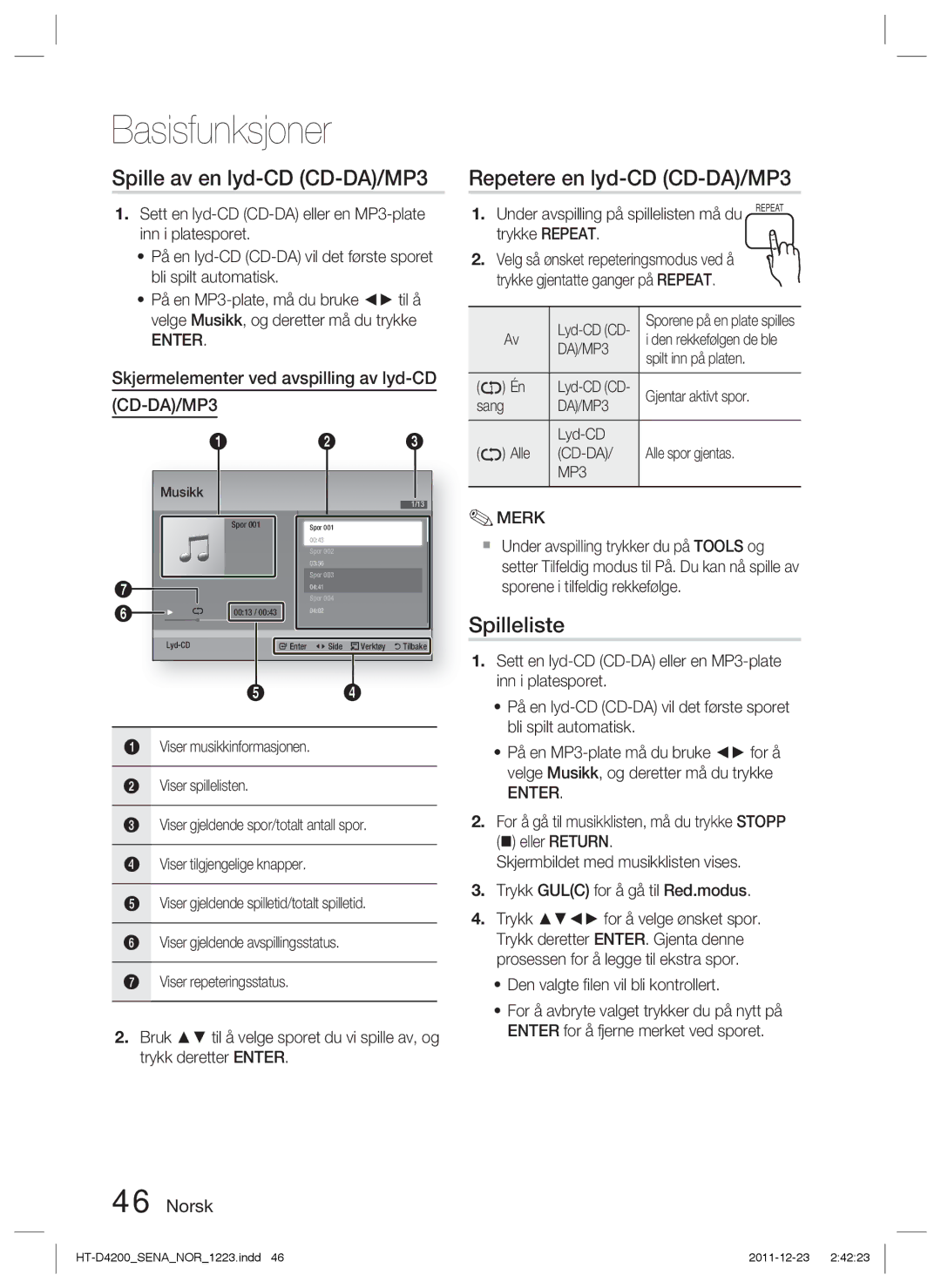 Samsung HT-D4200/XE manual Spille av en lyd-CD CD-DA/MP3, Repetere en lyd-CD CD-DA/MP3, Spilleliste 