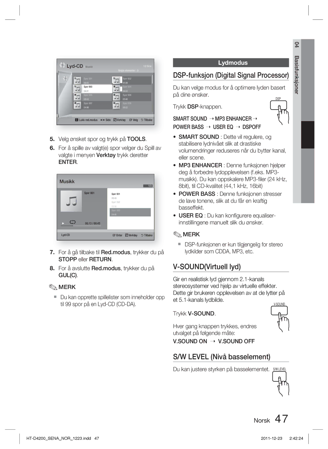 Samsung HT-D4200/XE manual SOUNDVirtuell lyd, Level Nivå basselement, DSP-funksjon Digital Signal Processor, Lydmodus 