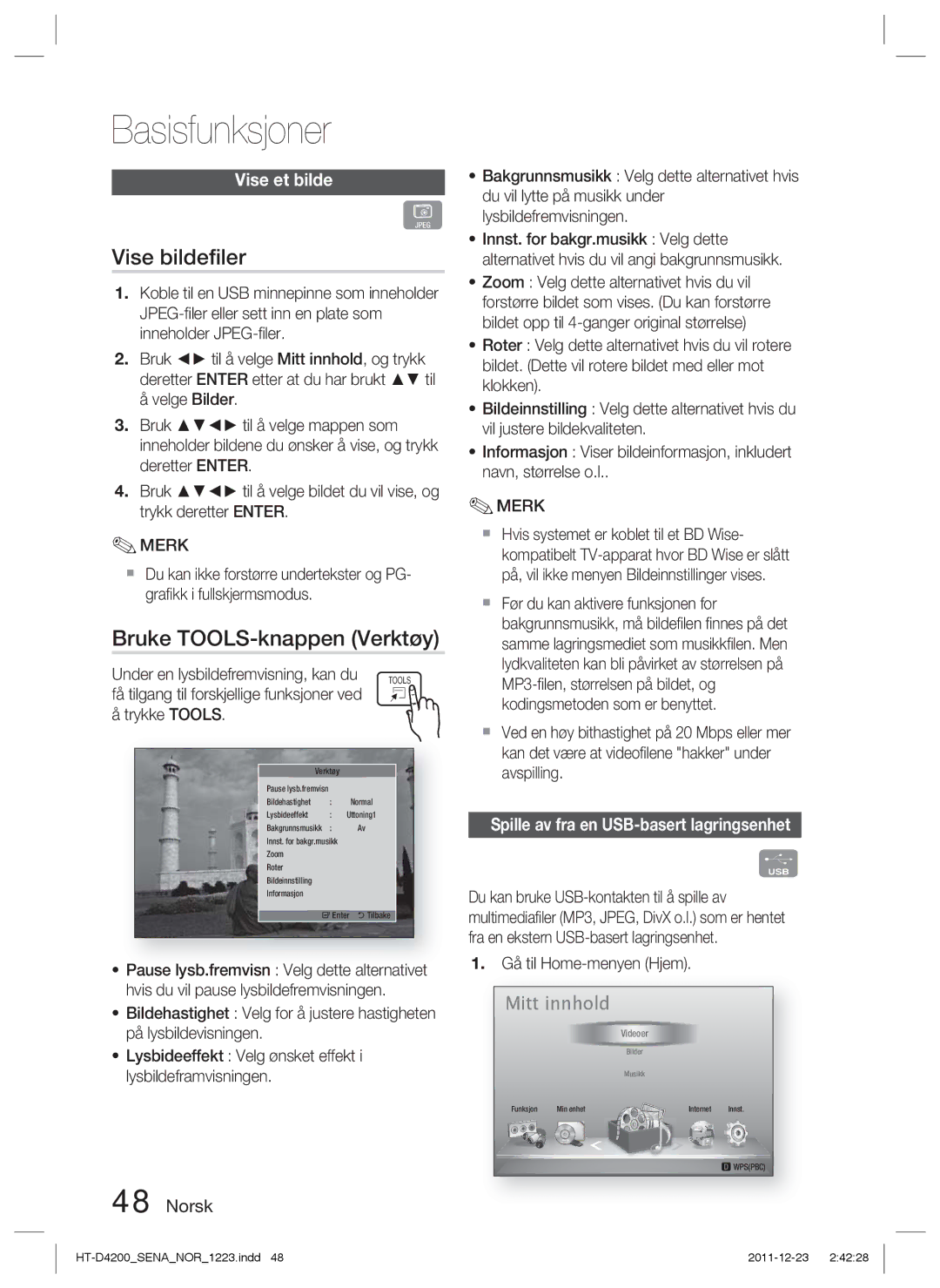 Samsung HT-D4200/XE Vise bildeﬁler, Bruke TOOLS-knappen Verktøy, Vise et bilde, Spille av fra en USB-basert lagringsenhet 