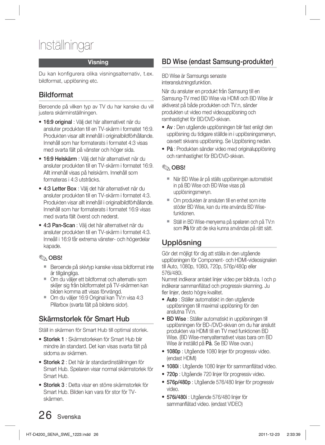 Samsung HT-D4200/XE manual Bildformat, Skärmstorlek för Smart Hub, BD Wise endast Samsung-produkter, Upplösning, Visning 