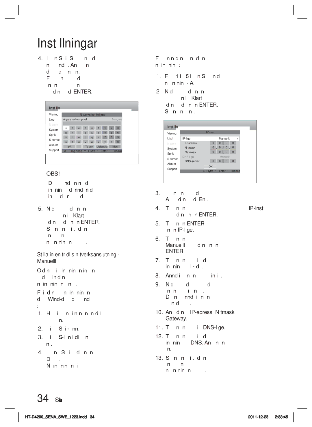 Samsung HT-D4200/XE manual Visning Nätverksinställningar 