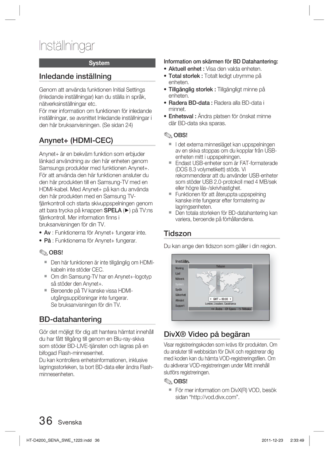 Samsung HT-D4200/XE manual Inledande inställning, Anynet+ HDMI-CEC, BD-datahantering, Tidszon, DivX Video på begäran 