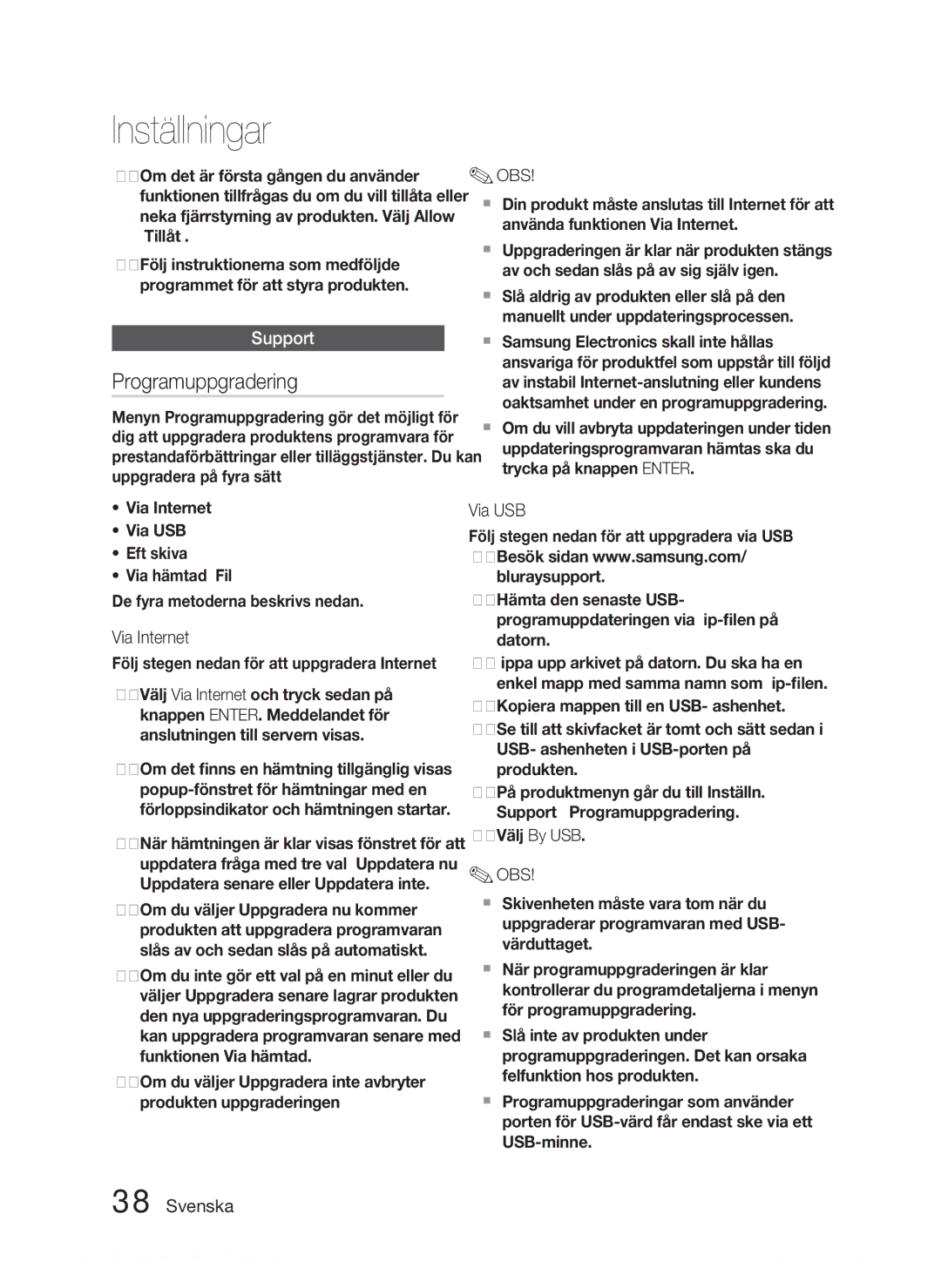 Samsung HT-D4200/XE manual Programuppgradering, Support, Via Internet, Via USB 