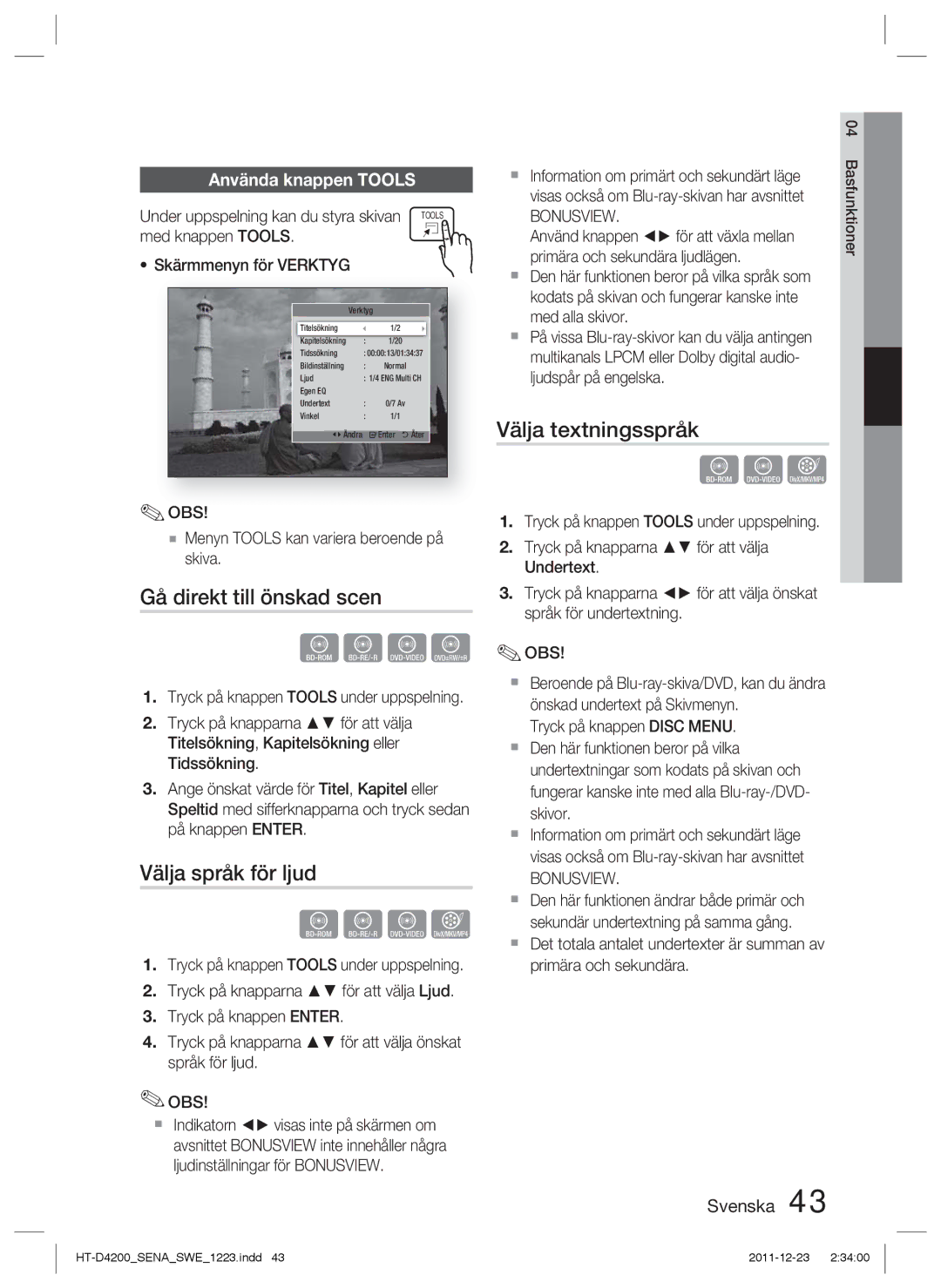 Samsung HT-D4200/XE manual Gå direkt till önskad scen, Välja språk för ljud, Välja textningsspråk, Använda knappen Tools 