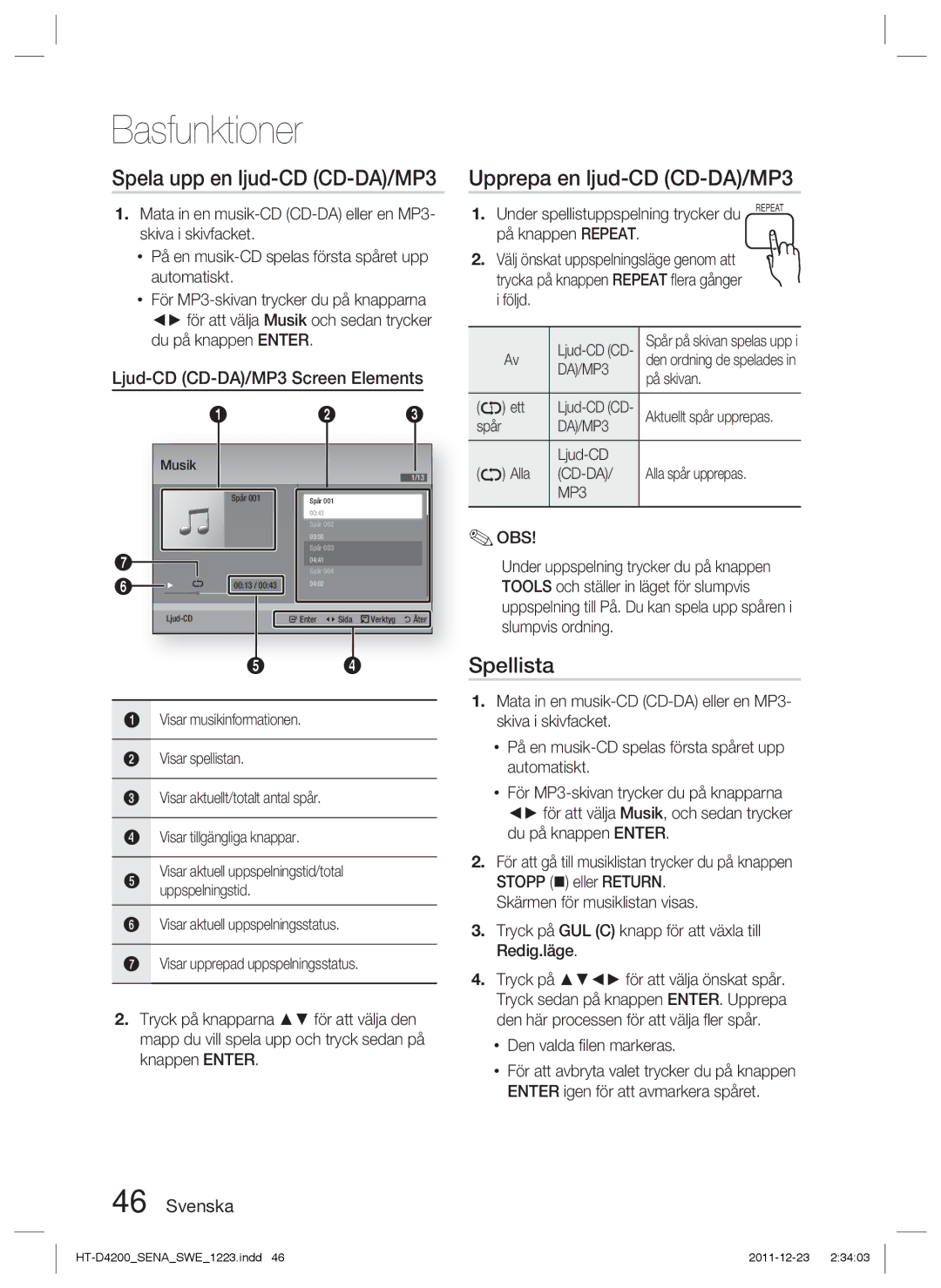 Samsung HT-D4200/XE manual Spela upp en ljud-CD CD-DA/MP3, Upprepa en ljud-CD CD-DA/MP3, Spellista 