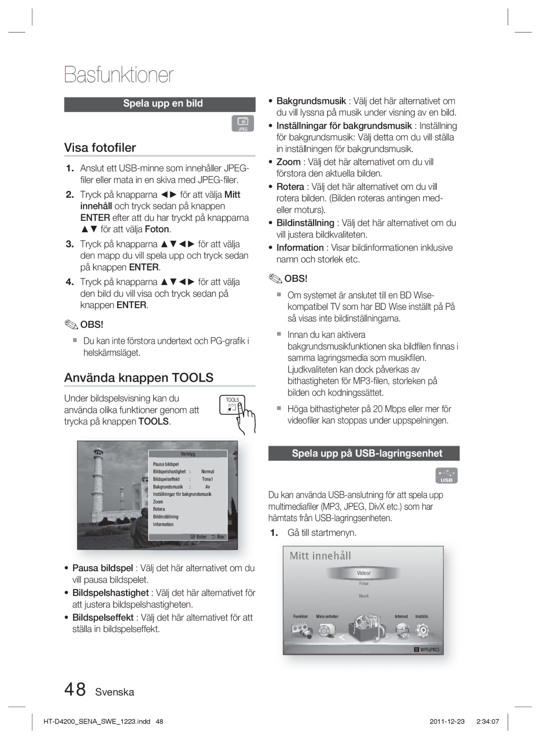 Samsung HT-D4200/XE manual Visa fotoﬁler, Använda knappen Tools, Spela upp en bild, Spela upp på USB-lagringsenhet 