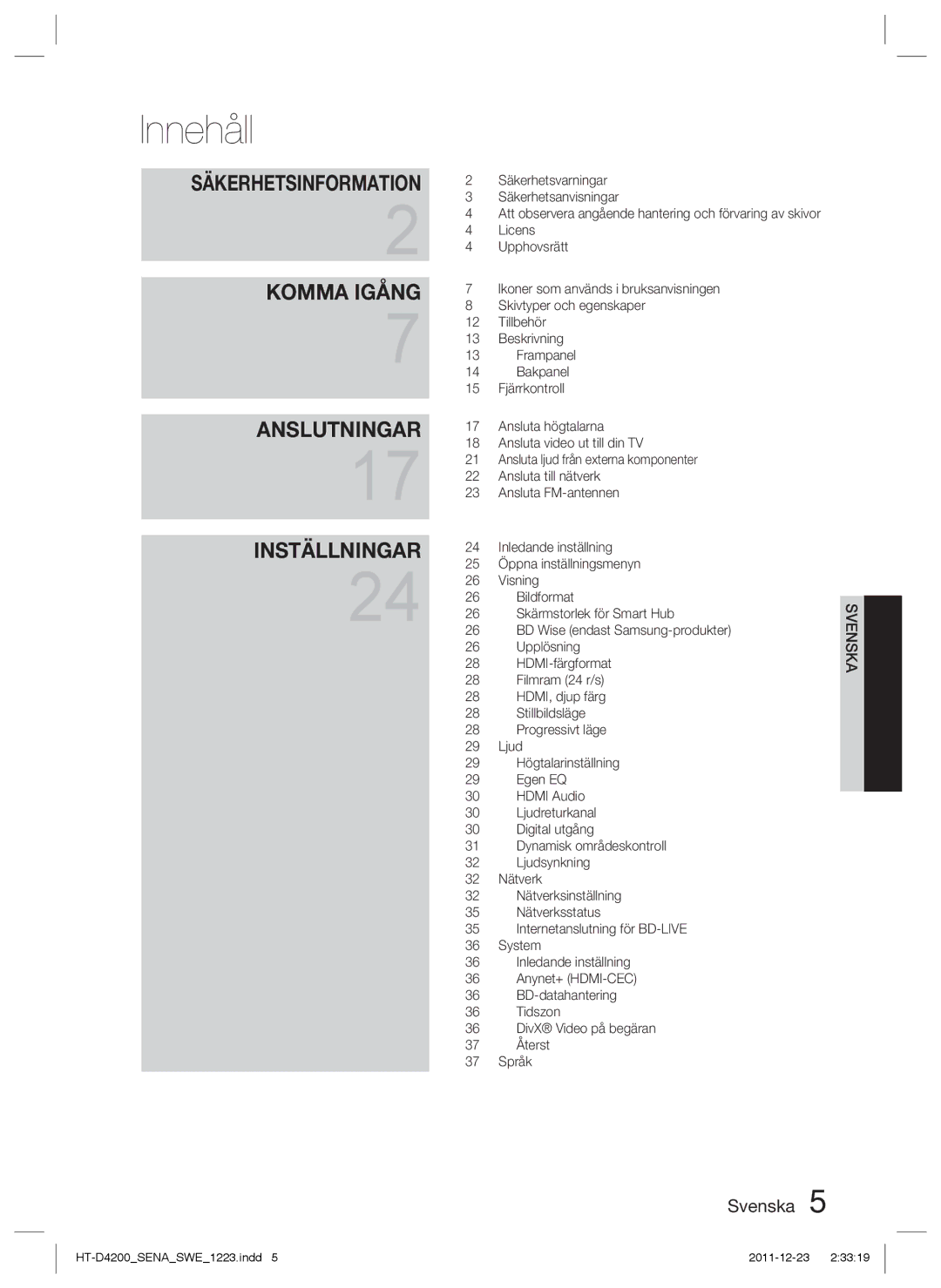 Samsung HT-D4200/XE manual Innehåll 