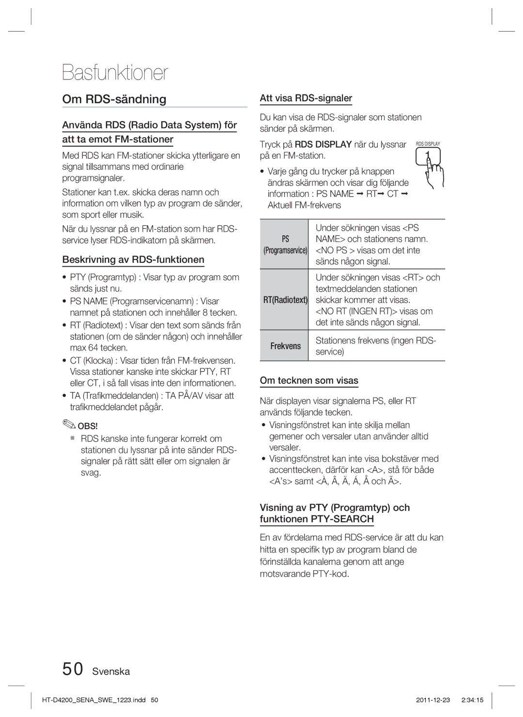 Samsung HT-D4200/XE manual Om RDS-sändning 