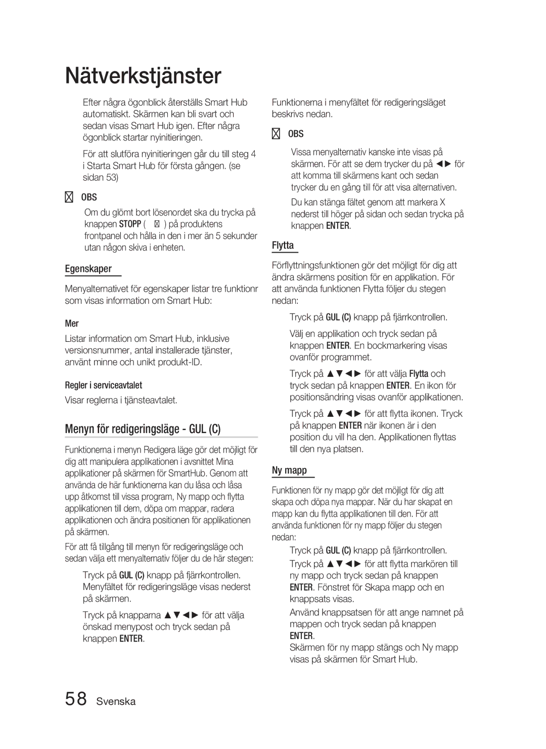 Samsung HT-D4200/XE manual Menyn för redigeringsläge GUL C, Egenskaper, Flytta, Ny mapp 