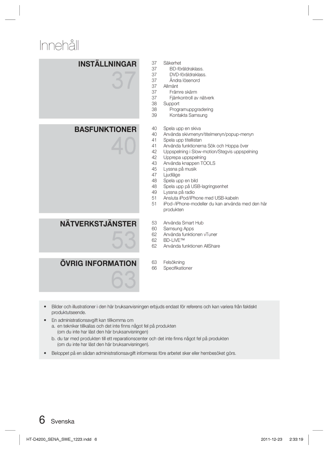 Samsung HT-D4200/XE manual Säkerhet, BD-föräldraklass, DVD-föräldraklass, Ändra lösenord, Allmänt, Främre skärm, Support 