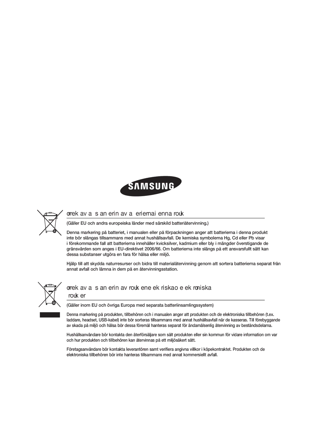 Samsung HT-D4200/XE manual Korrekt avfallshantering av batterierna i denna produkt 