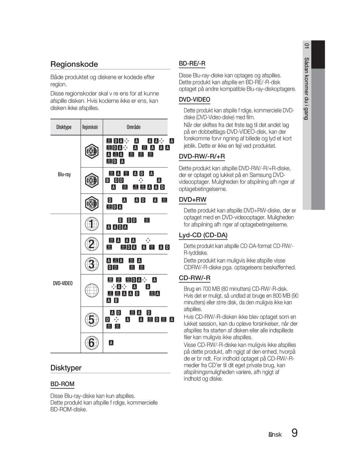 Samsung HT-D4200/XE manual Regionskode, Disktyper, Lyd-CD CD-DA 