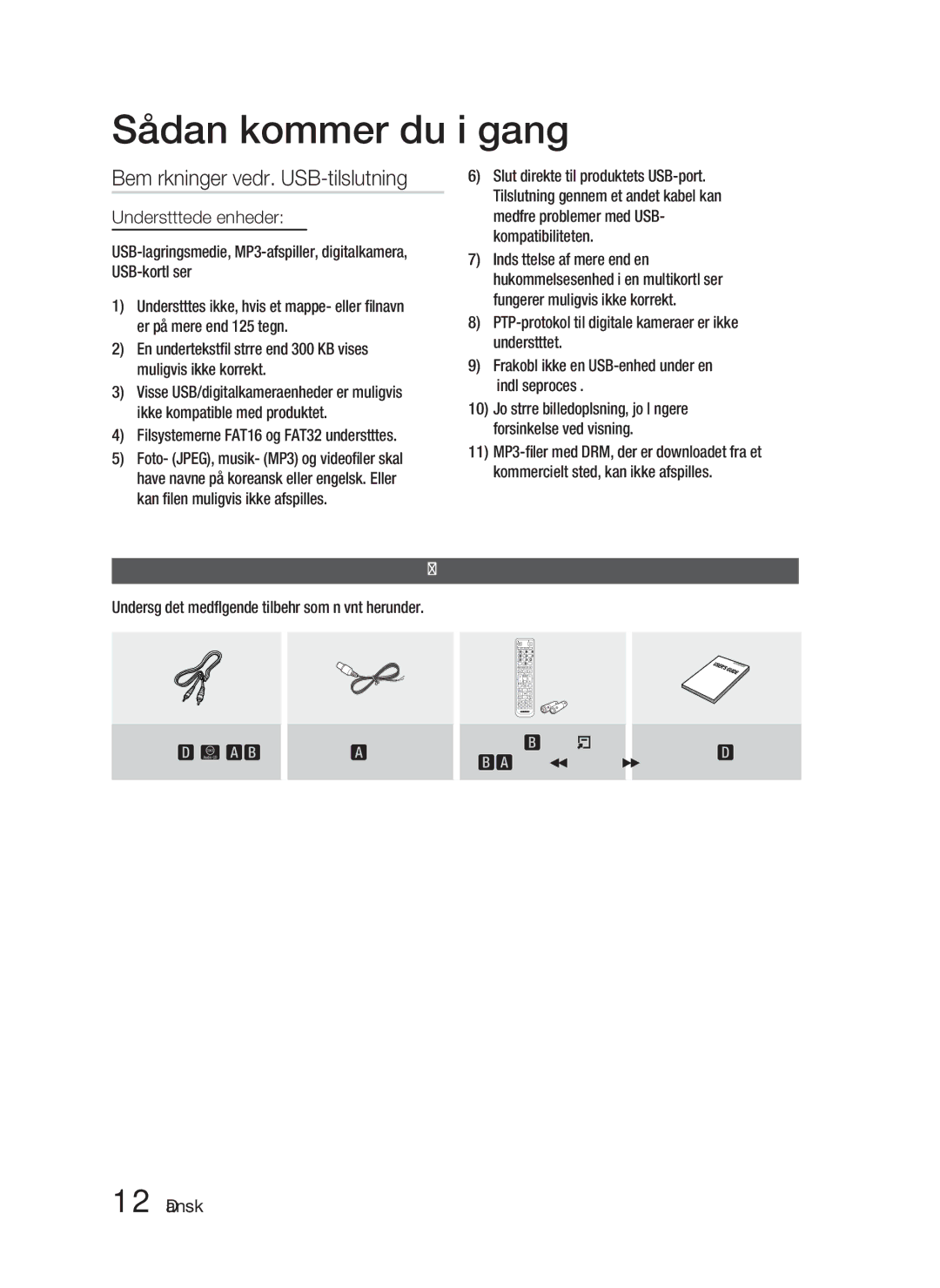 Samsung HT-D4200/XE manual Bemærkninger vedr. USB-tilslutning, Understøttede enheder, Tilbehør 