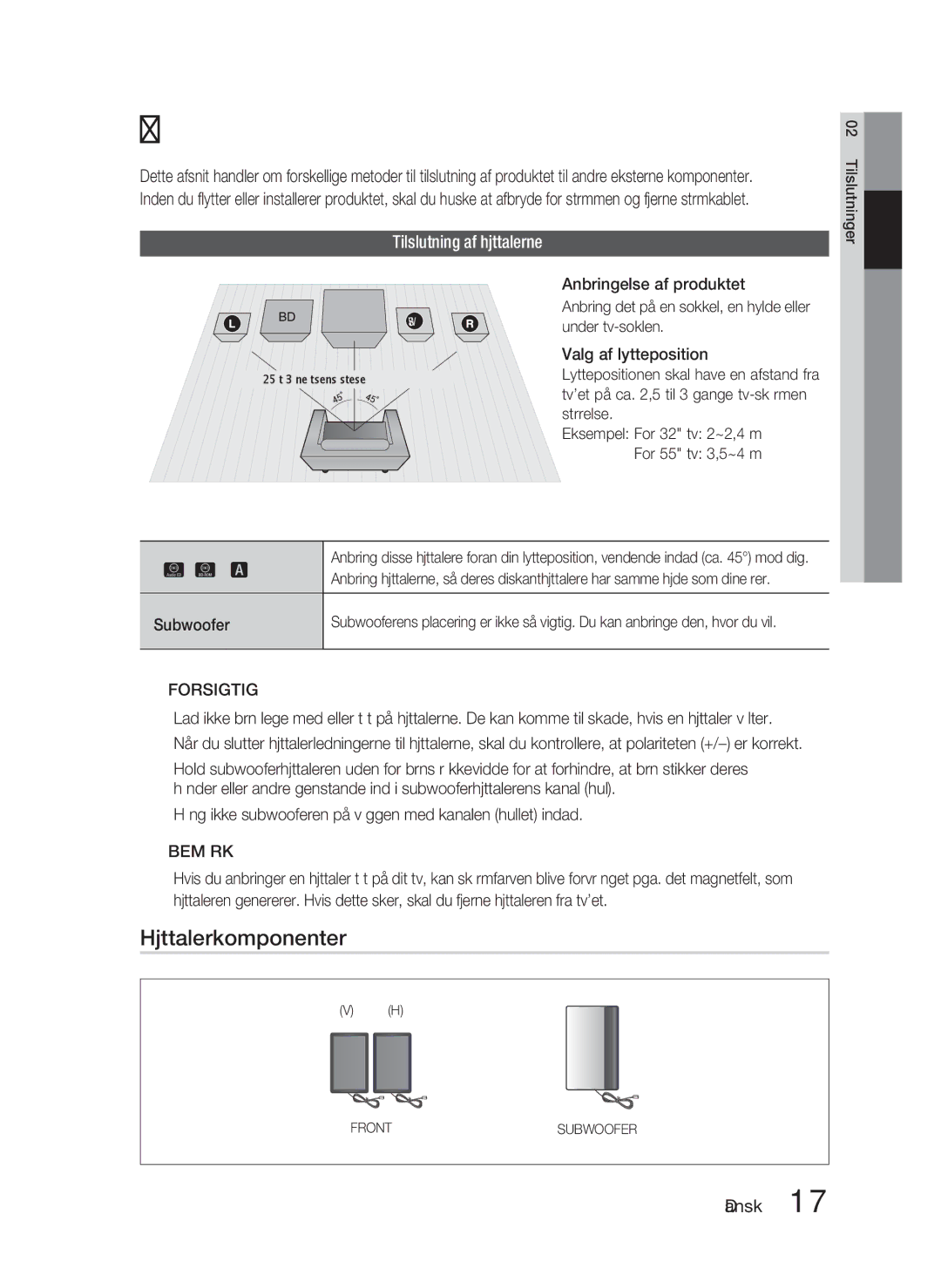 Samsung HT-D4200/XE manual Tilslutninger, Højttalerkomponenter, Tilslutning af højttalerne, Fronthøjttalere ei Subwoofer g 