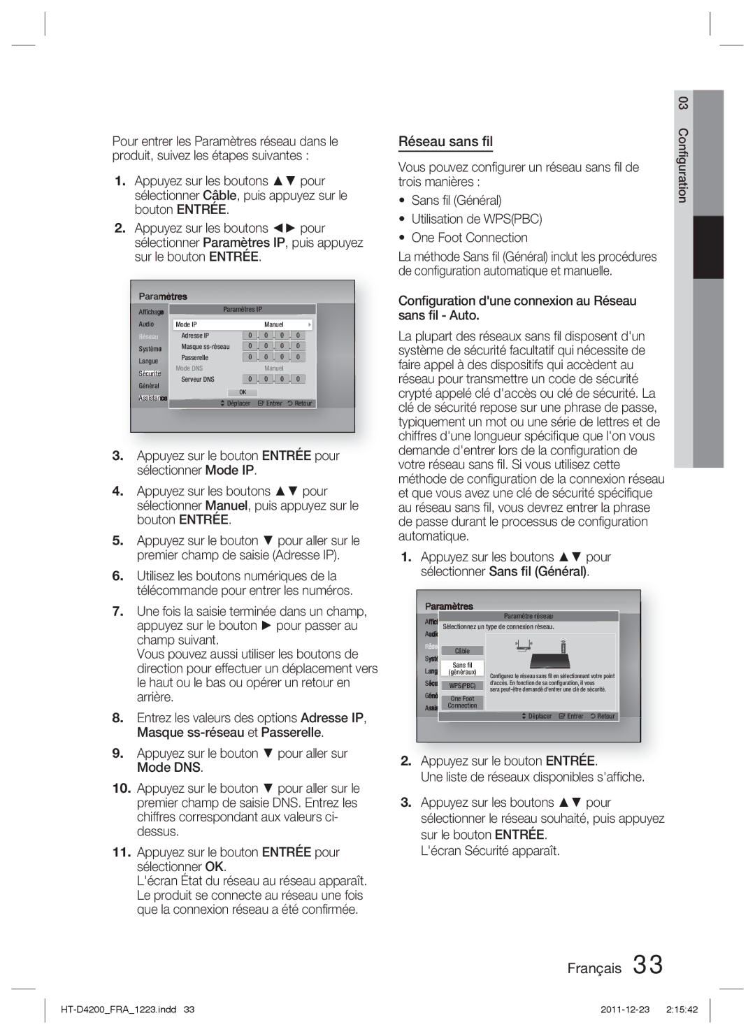 Samsung HT-D4200/EN, HT-D4200/XN, HT-D4200/ZF, HT-D4200/XE manual Réseau sans ﬁl, Vous pouvez conﬁgurer un réseau sans ﬁl de 