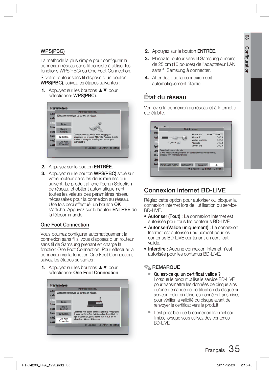 Samsung HT-D4200/XE manual État du réseau, Connexion internet BD-LIVE, Appuyez sur les boutons pour sélectionner Wpspbc 