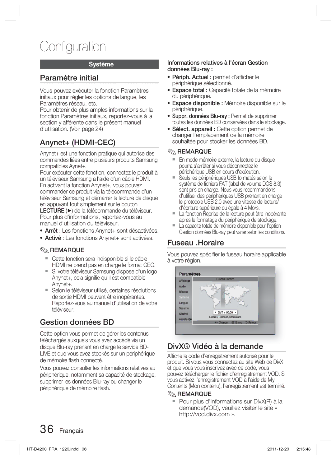 Samsung HT-D4200/XN, HT-D4200/EN Paramètre initial, Gestion données BD, Fuseau .Horaire, DivX Vidéo à la demande, Système 