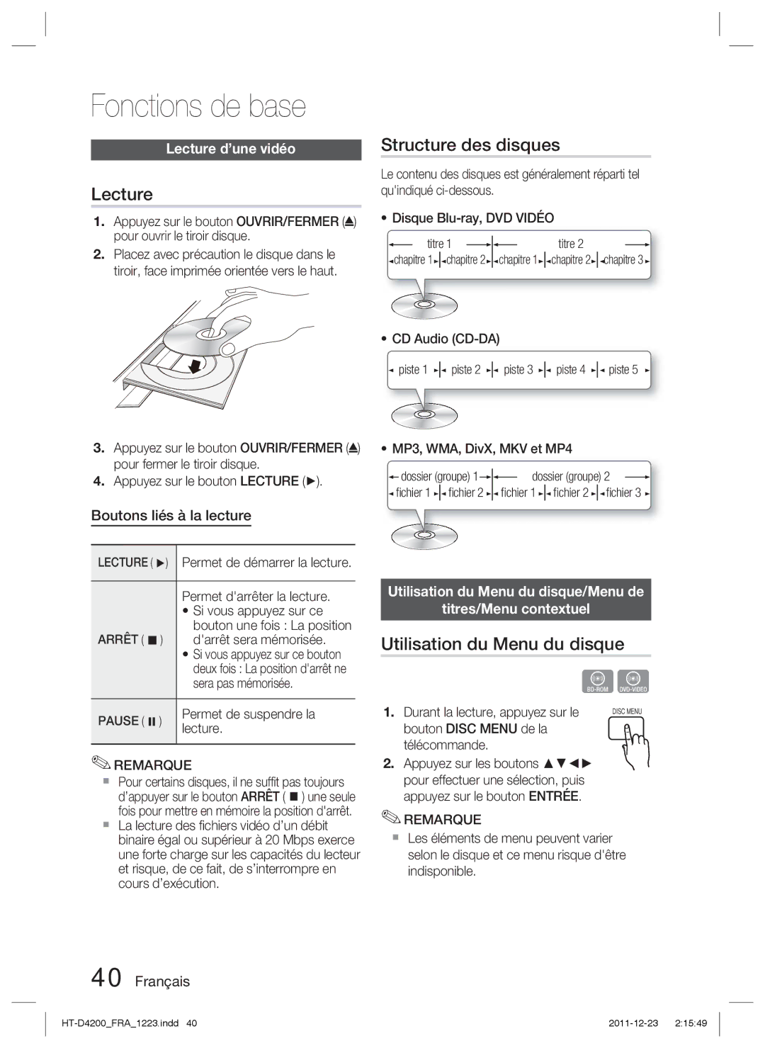 Samsung HT-D4200/XN manual Fonctions de base, Structure des disques, Utilisation du Menu du disque, Lecture d’une vidéo 