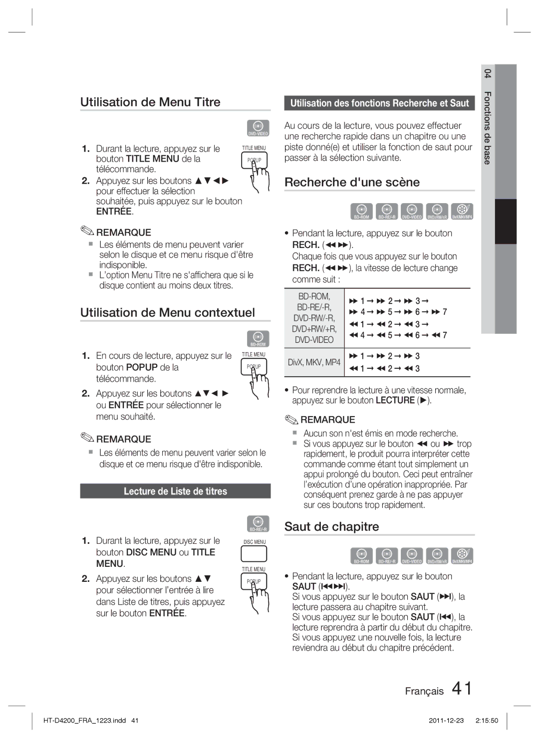 Samsung HT-D4200/EN Utilisation de Menu Titre, Utilisation de Menu contextuel, Recherche dune scène, Saut de chapitre 