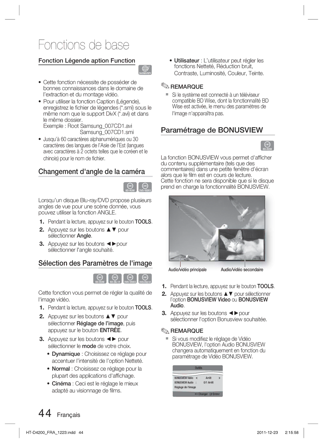 Samsung HT-D4200/XN manual Changement dangle de la caméra, Sélection des Paramètres de limage, Paramétrage de Bonusview 