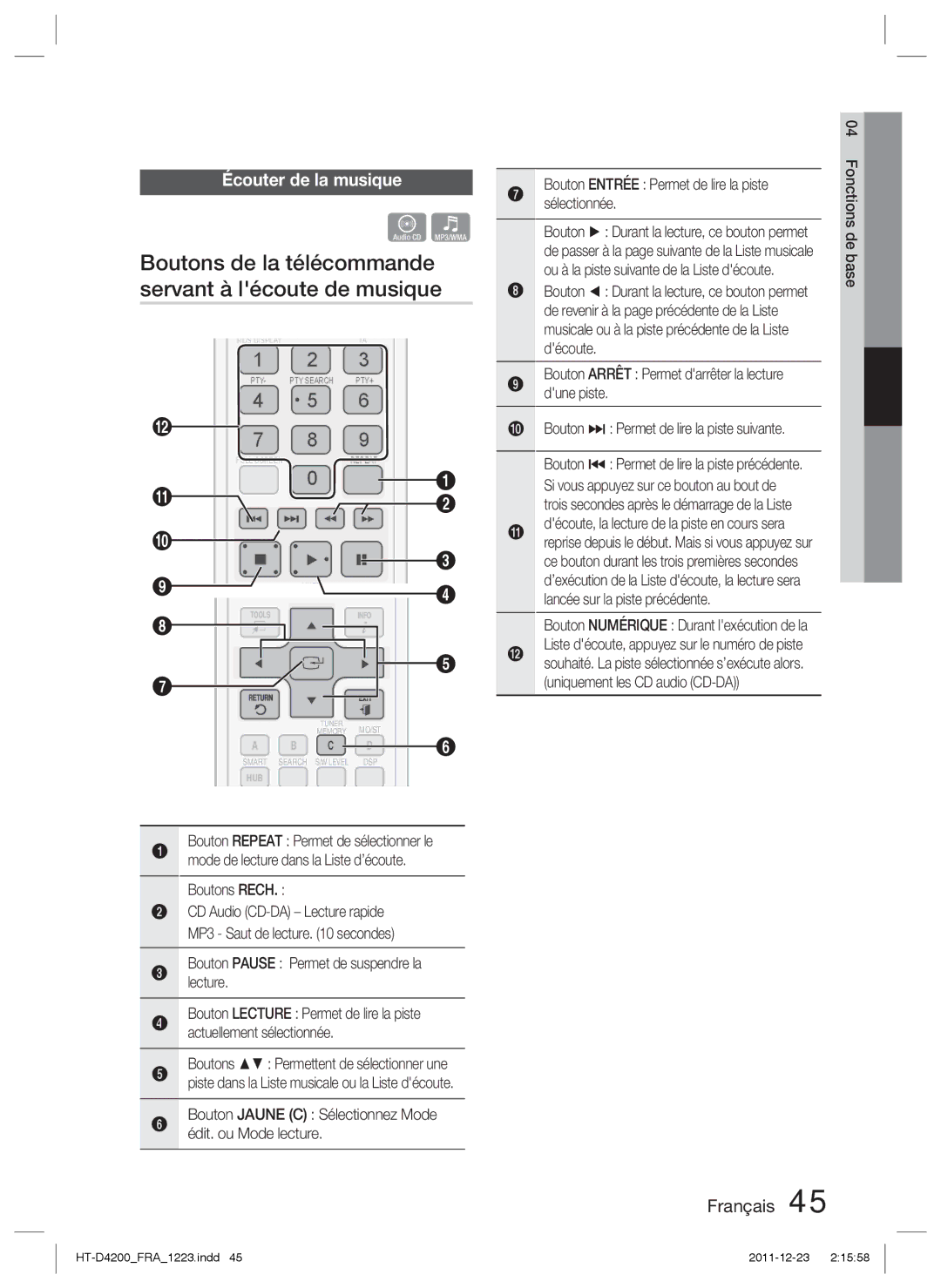 Samsung HT-D4200/EN, HT-D4200/XN manual Boutons de la télécommande servant à lécoute de musique, Écouter de la musique 