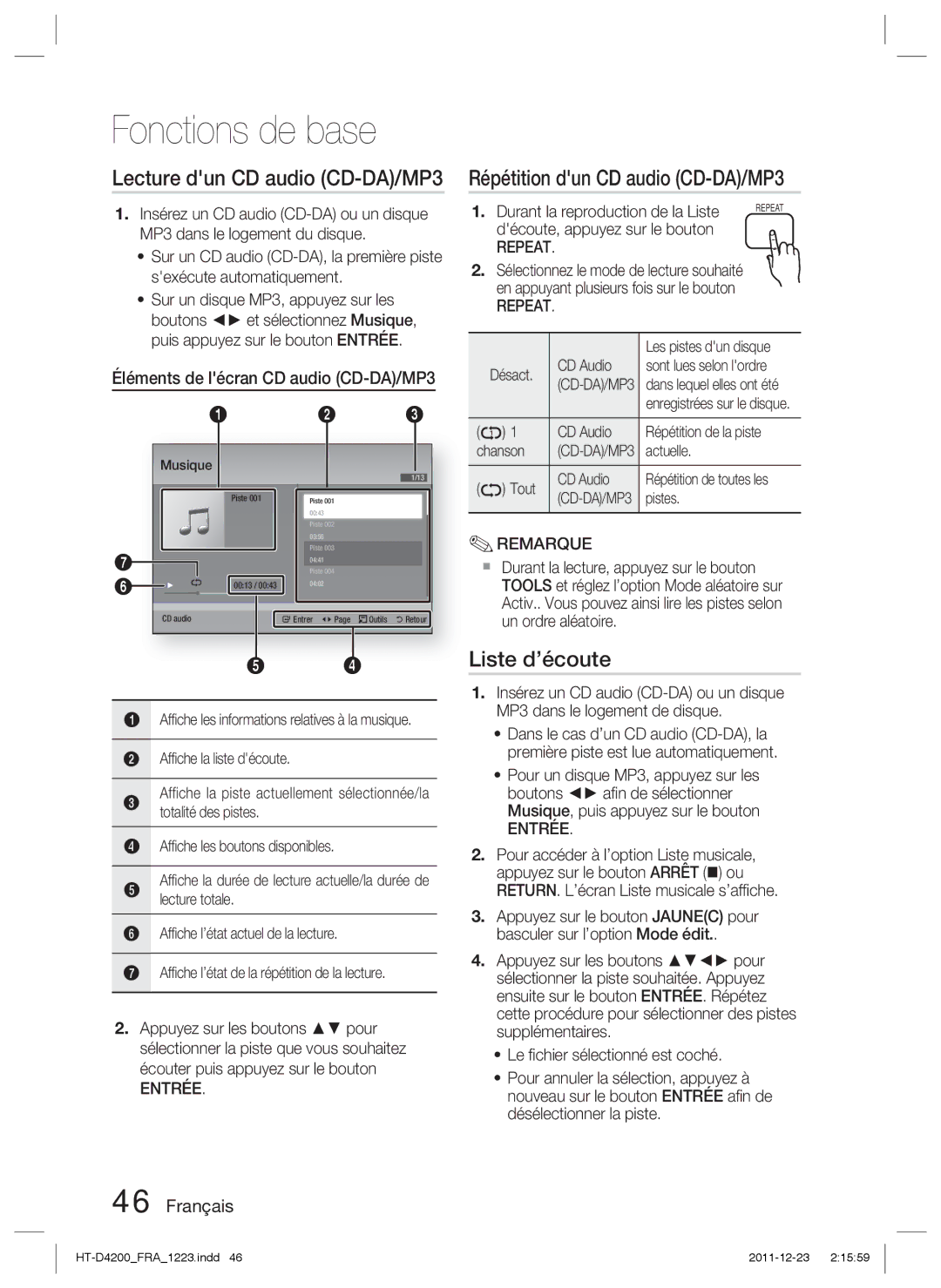 Samsung HT-D4200/ZF, HT-D4200/XN Lecture dun CD audio CD-DA/MP3, Répétition dun CD audio CD-DA/MP3, Liste d’écoute, Repeat 