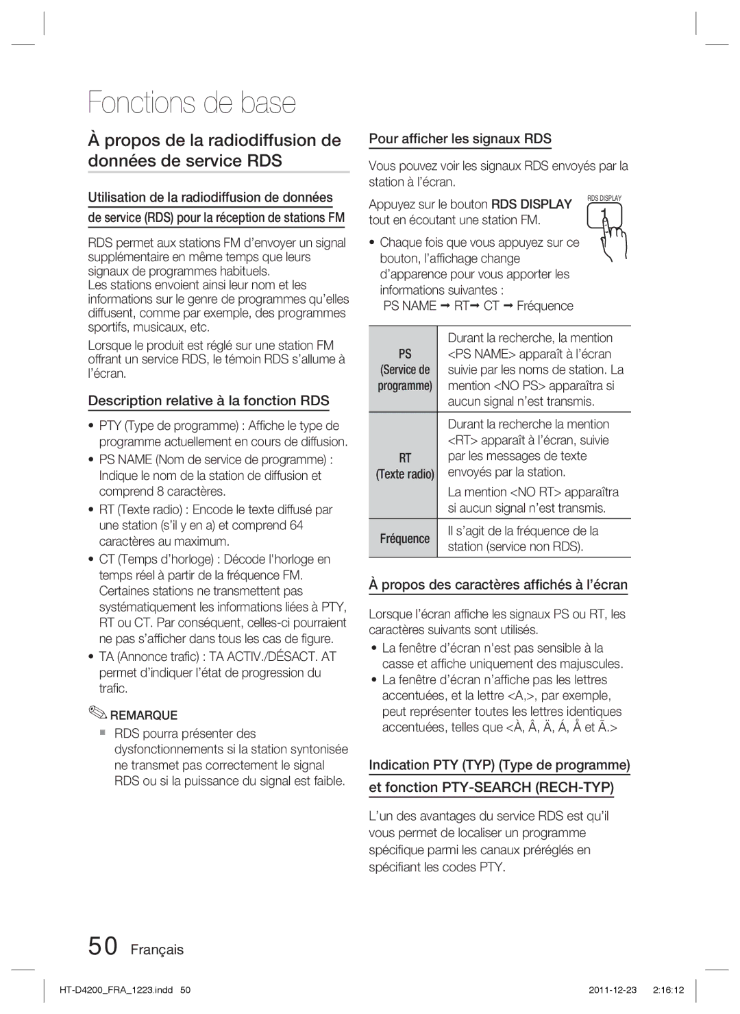 Samsung HT-D4200/ZF Propos de la radiodiffusion de données de service RDS, Utilisation de la radiodiffusion de données 