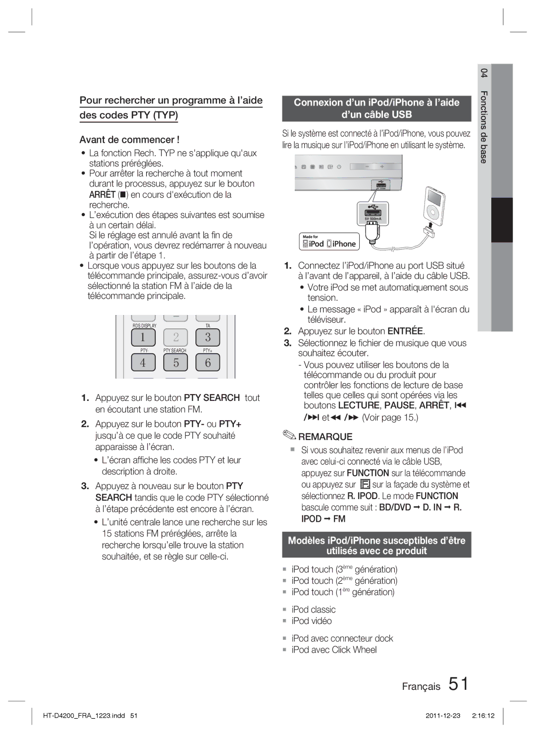 Samsung HT-D4200/XE, HT-D4200/XN, HT-D4200/EN manual $ et / Voir, Appuyez sur Function sur la télécommande, Ipod FM, Base 